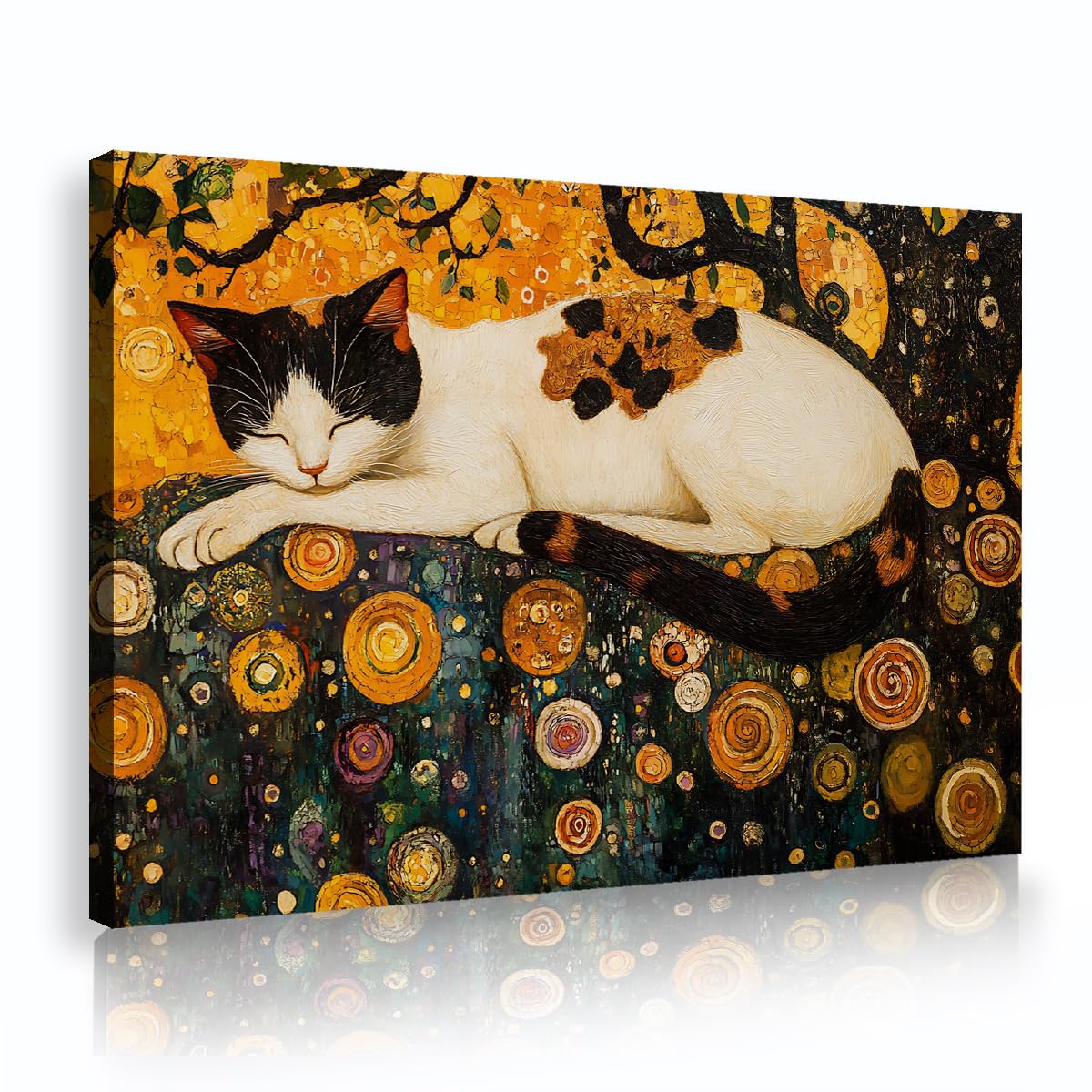 Via Vela Fbh04 Gustav Klimt Golden Style Canvas Wall Art Cute Cat Yellow Tree Animal Painting Black White Kitten Picture Pet Lovers Poster For Office Hallway Home Decor 80X120cm