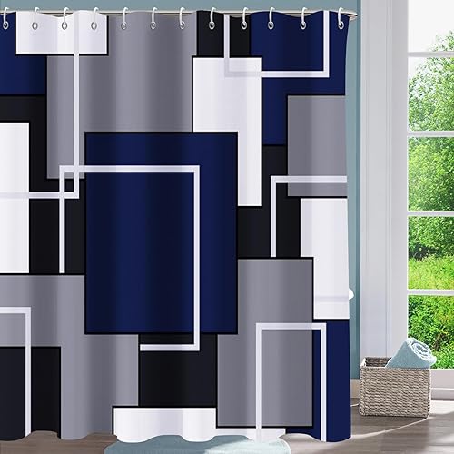 Miniatura 2 de YiarTaan Cortina de ducha azul marino, cortinas de ducha para baño, juegos de cortinas de ducha geométricas modernas de mediados de siglo, cortina