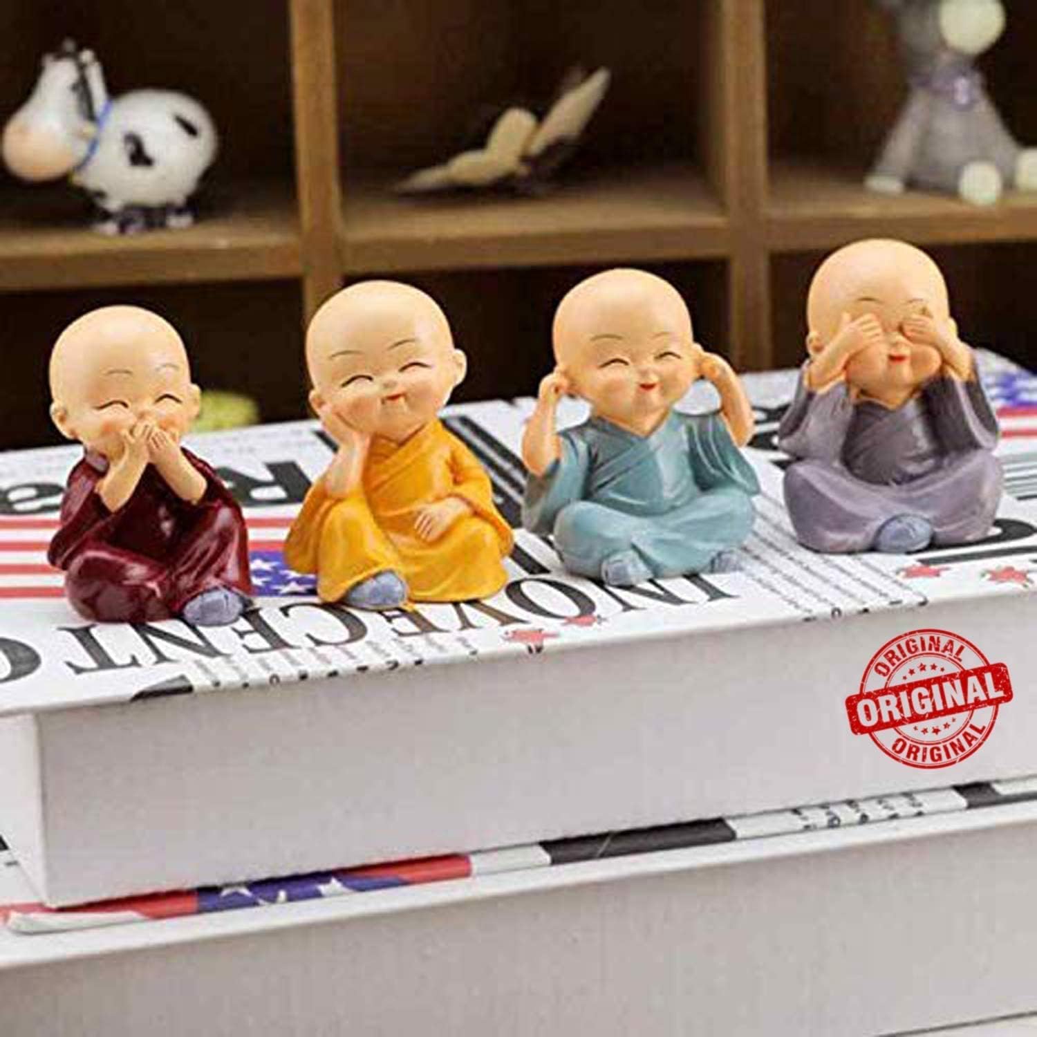 TIED RIBBONS 4 Pcs Baby Buddha Statue | Resin, 2 Inch | Buddha Monk Statue for Buddha Gifts, Car Dashboard Decoration, Office, Table, Shelves, Home, Living Room, Buddha Decor | Mini Buddha Statue