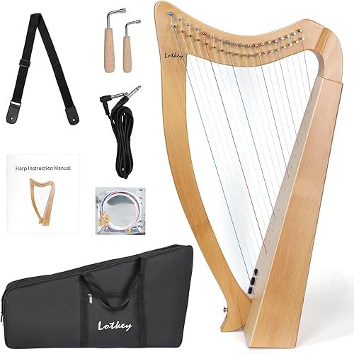 Miniatura 44 de Arpa de lira, Lotkey 23 cuerdas de metal, cuerpo de caoba y tablero de abeto sólido, arpa de lira con llave de afinación, cuerdas de extracción