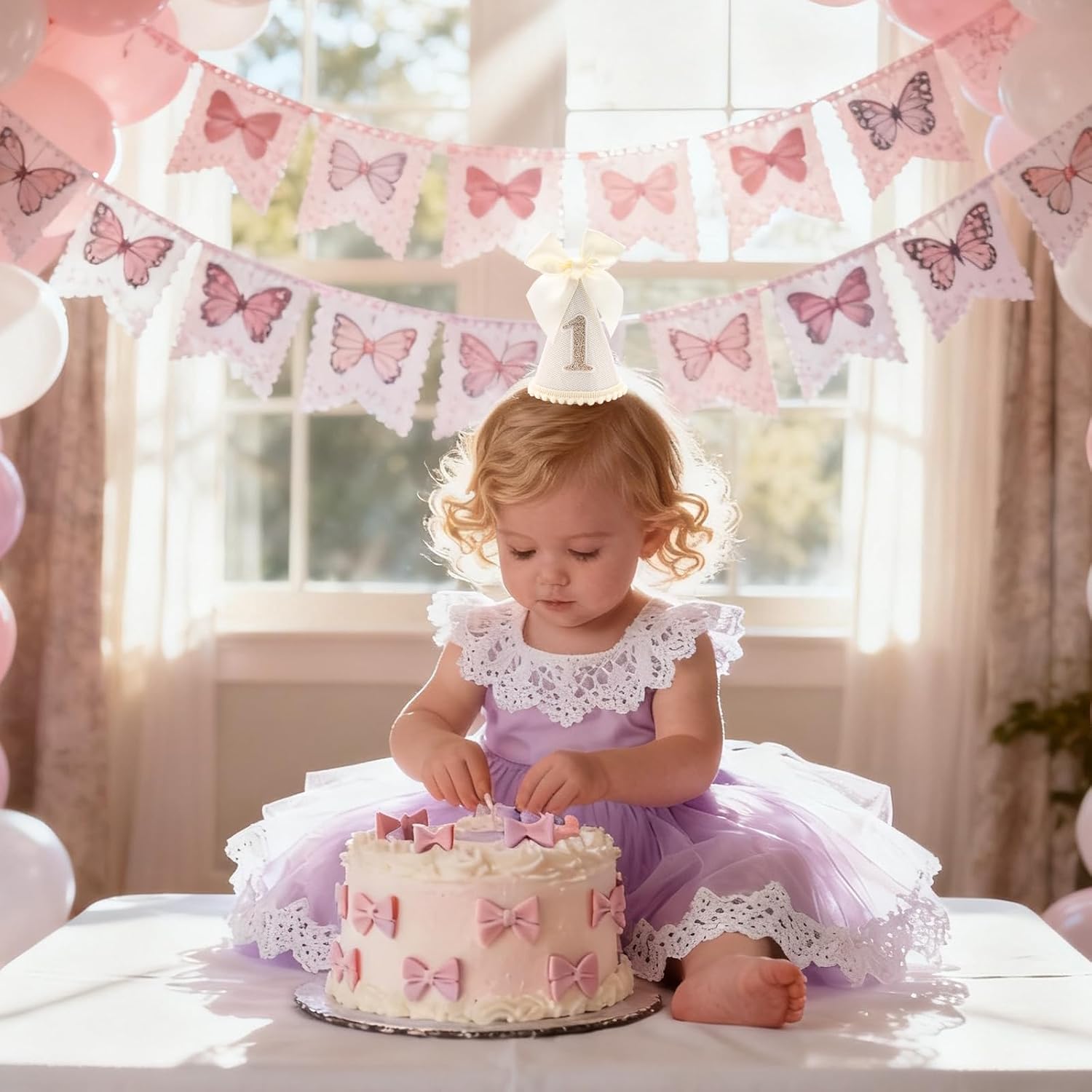 1st Birthday Party Crown Hat with Glitter Number 1, White Cone Shape with Bow, Birthday Party Accessories