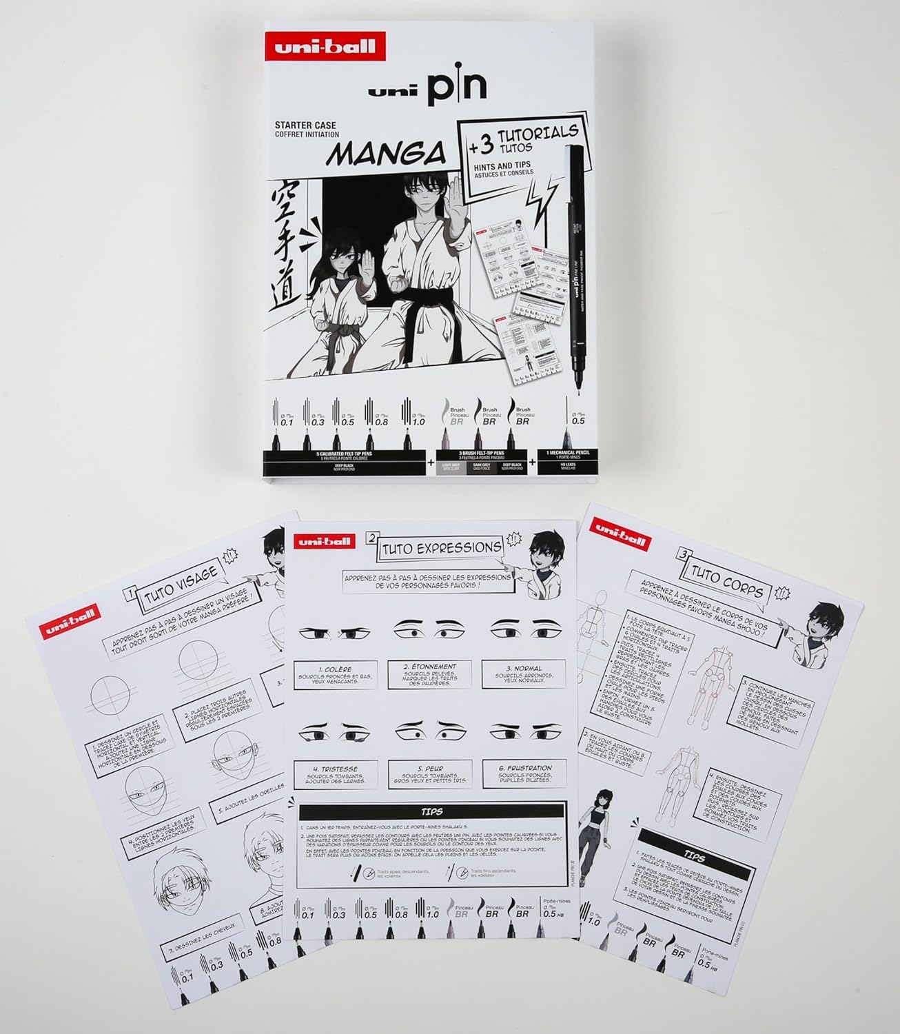 Uni Ball- Brush Pen Fine Liner per Manga, Kit Disegno Tecnico con Pennarelli Indelebili Punta Fine Professionali per Imparare a Disegnare e 1 Portamine, Set Penne Nere Calligrafia Scrittura + Tutorial
