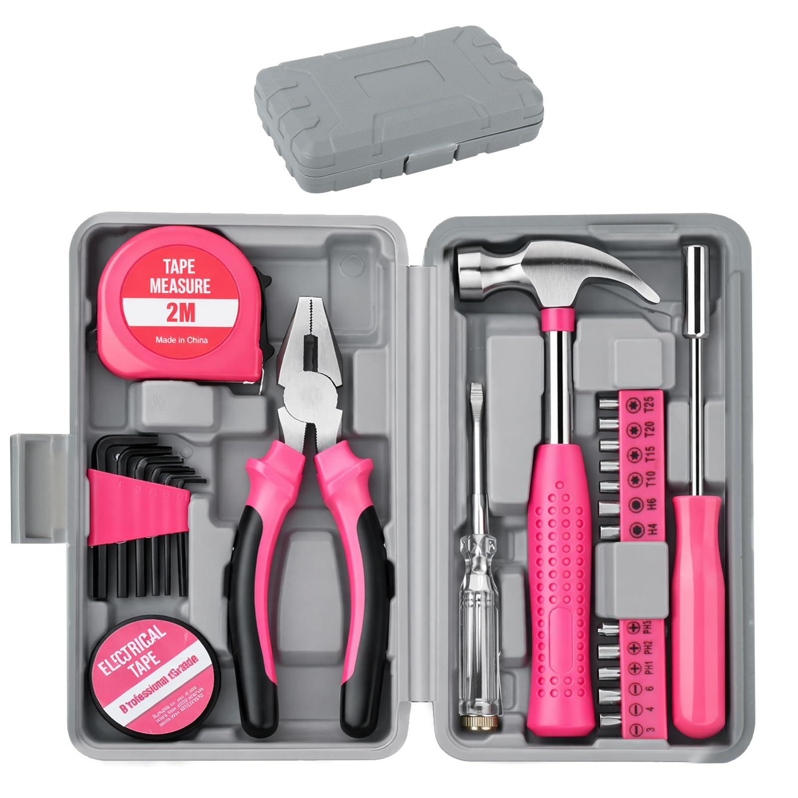Cassetta Attrezzi Completa Rosa, Valigetta Attrezzi Completa | Valigia Porta Attrezzio, Cassette Porta Attrezzio, Regali Rosa per Donne Uomini, con martello, pinze, cacciaviti, punte, ecc
