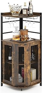 Giantex Corner Bar Cabinet with Glass Holder, Industrial Wine Cabinet with Metal Mesh Doors & Adjustable Shelf, Buffet Cab...