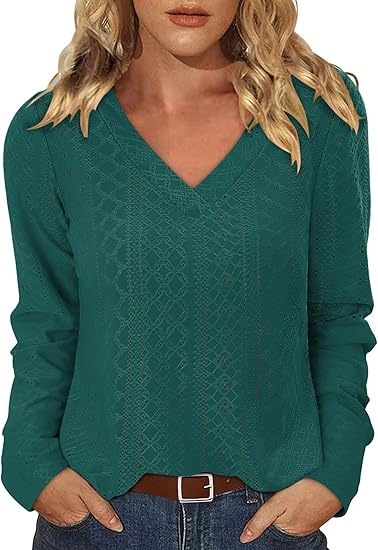 KISSMODA Long Sleeve Fall Shirts For Women V Neck Tunic Tops Embroidered Button Down Knitted Blouses 2025