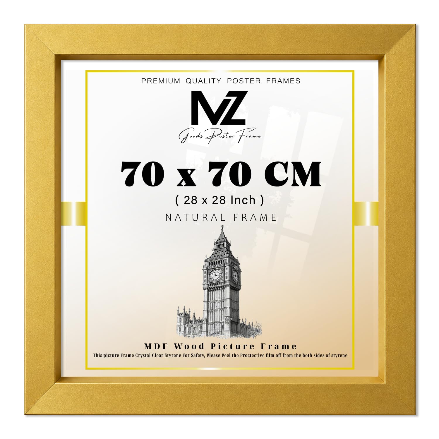 MZ GOODS | Modern Gold 28 x 28 Inch Poster Frame - 700 x 700 mm Engineered Wood | Easy Installation with Clips & Hangers (70 x 70 CM) [ Gold ]