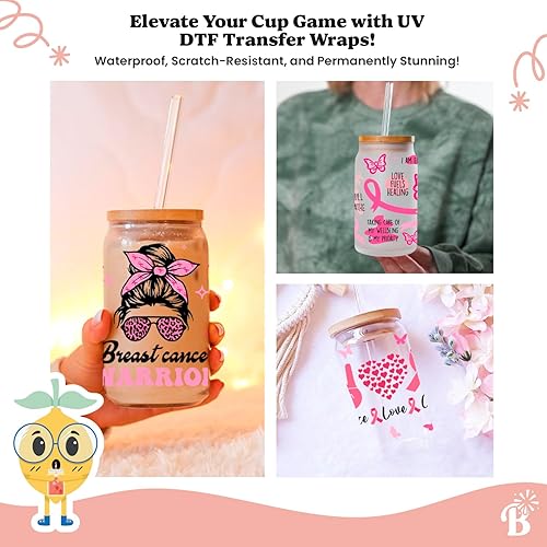 Miniatura 5 de Envolturas de taza Uv Dtf para concientización sobre el cáncer de mama de 16 onzas, 9 hojas de calcomanías de transferencia Uvdtf a granel,