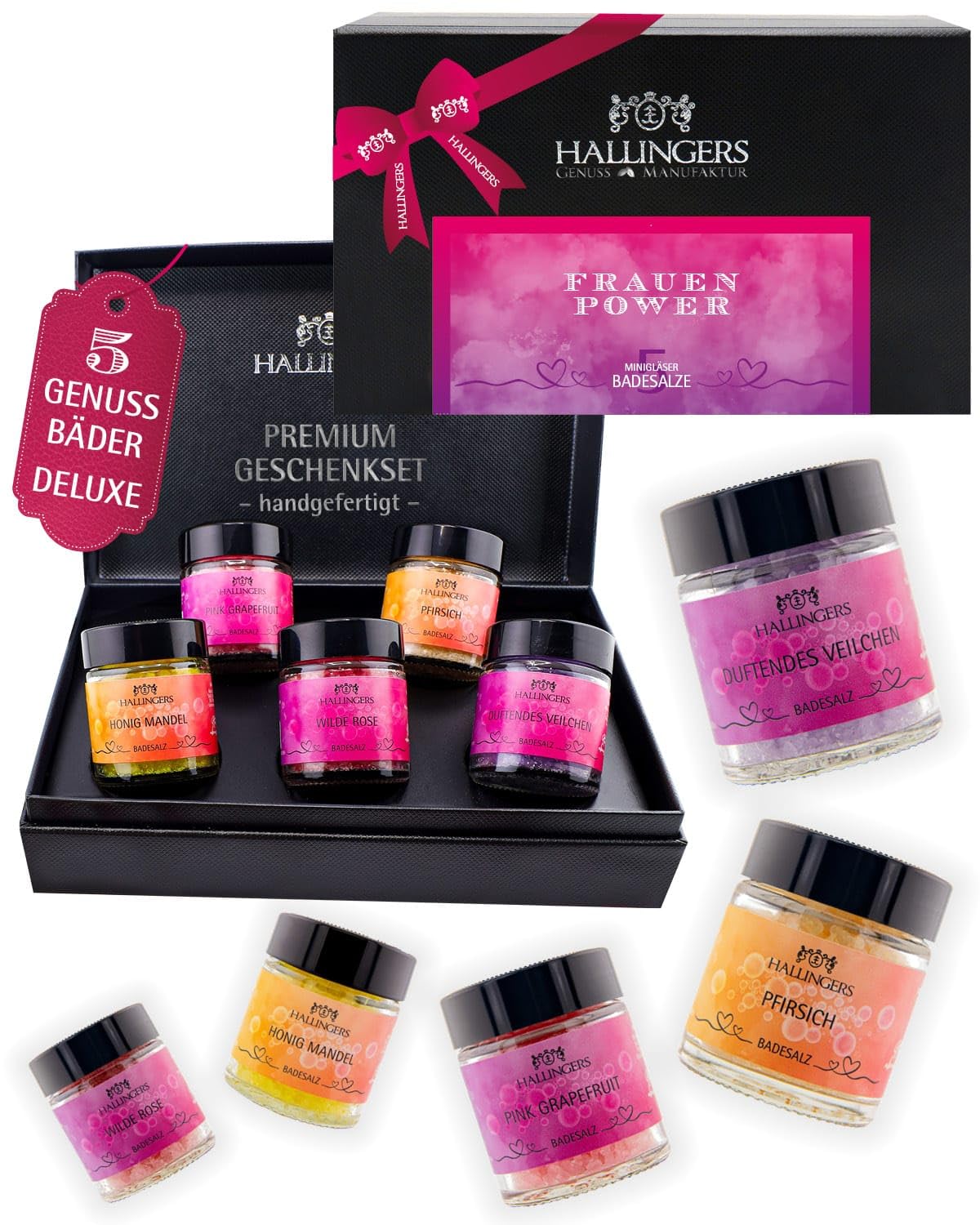 Hallingers Genuss Manufaktur Badesalze Geschenk-Set - 5x Badezusatz mit Totes Meer Badesalz edle Geschenkbox, Badekristalle Fußbad & Spa "Frauen-Power", Geschenkidee für Frauen Freundin