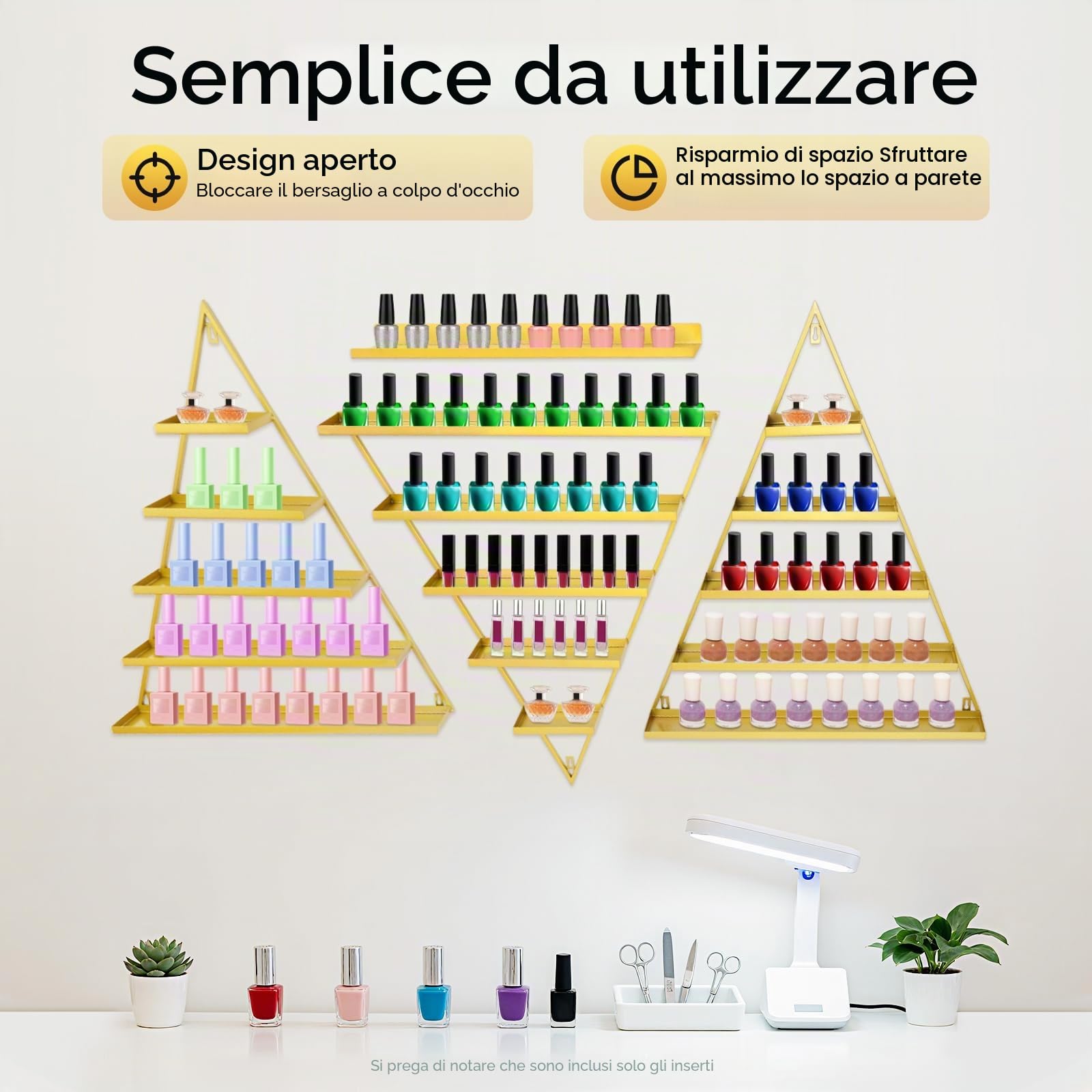 3 set di scaffalature per unghie, 5 ripiani, scaffali triangolari, scaffali in metallo, capacità di carico 50 kg, supporto per smalti a parete, per saloni di unghie, saloni, appartamenti,
