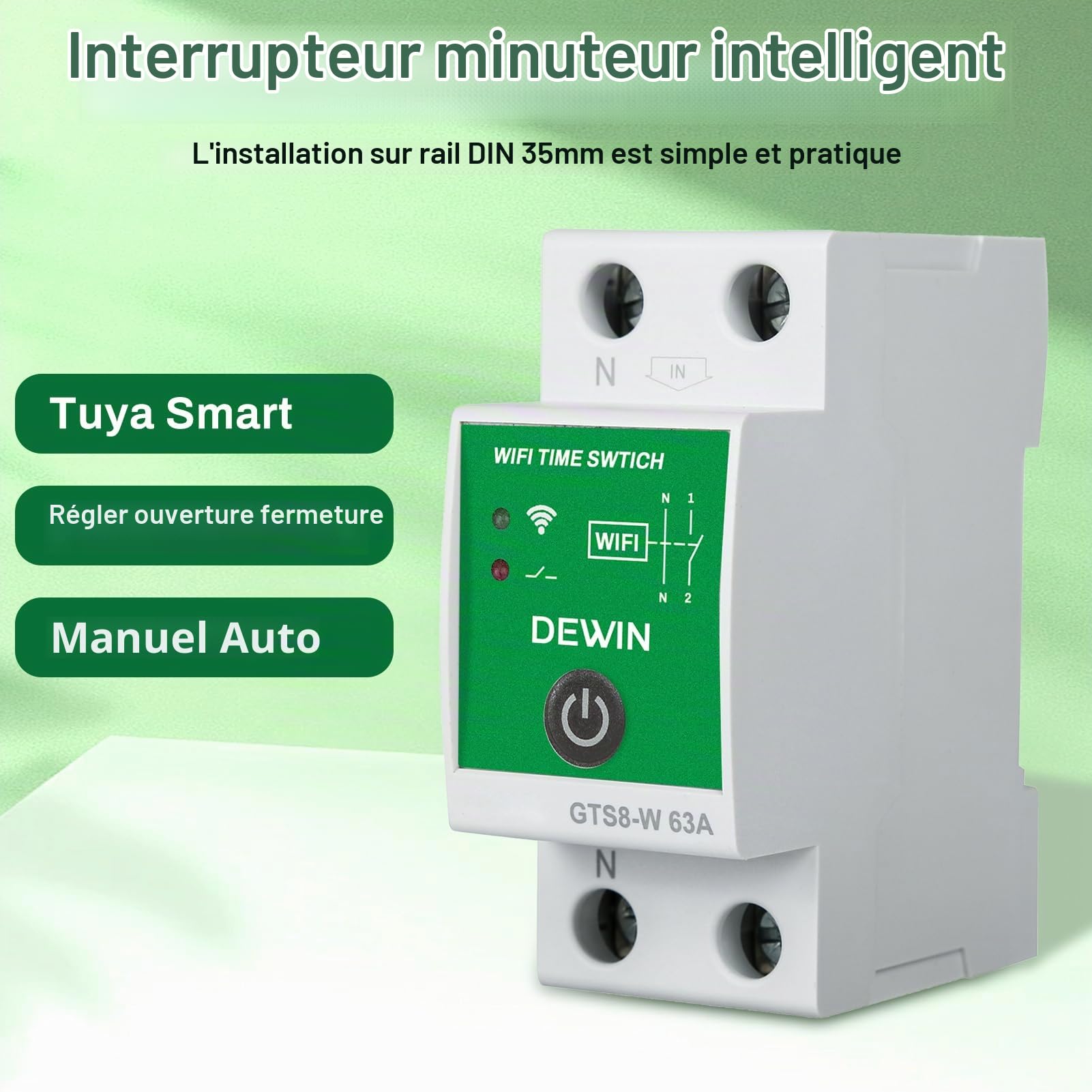 DEWIN Minuterie WiFi, minuterie Intelligente DIN Rail WiFi Interrupteur de Commande Tuya Interrupteur de Commande à Distance avec APP 2P 63A AC 230V