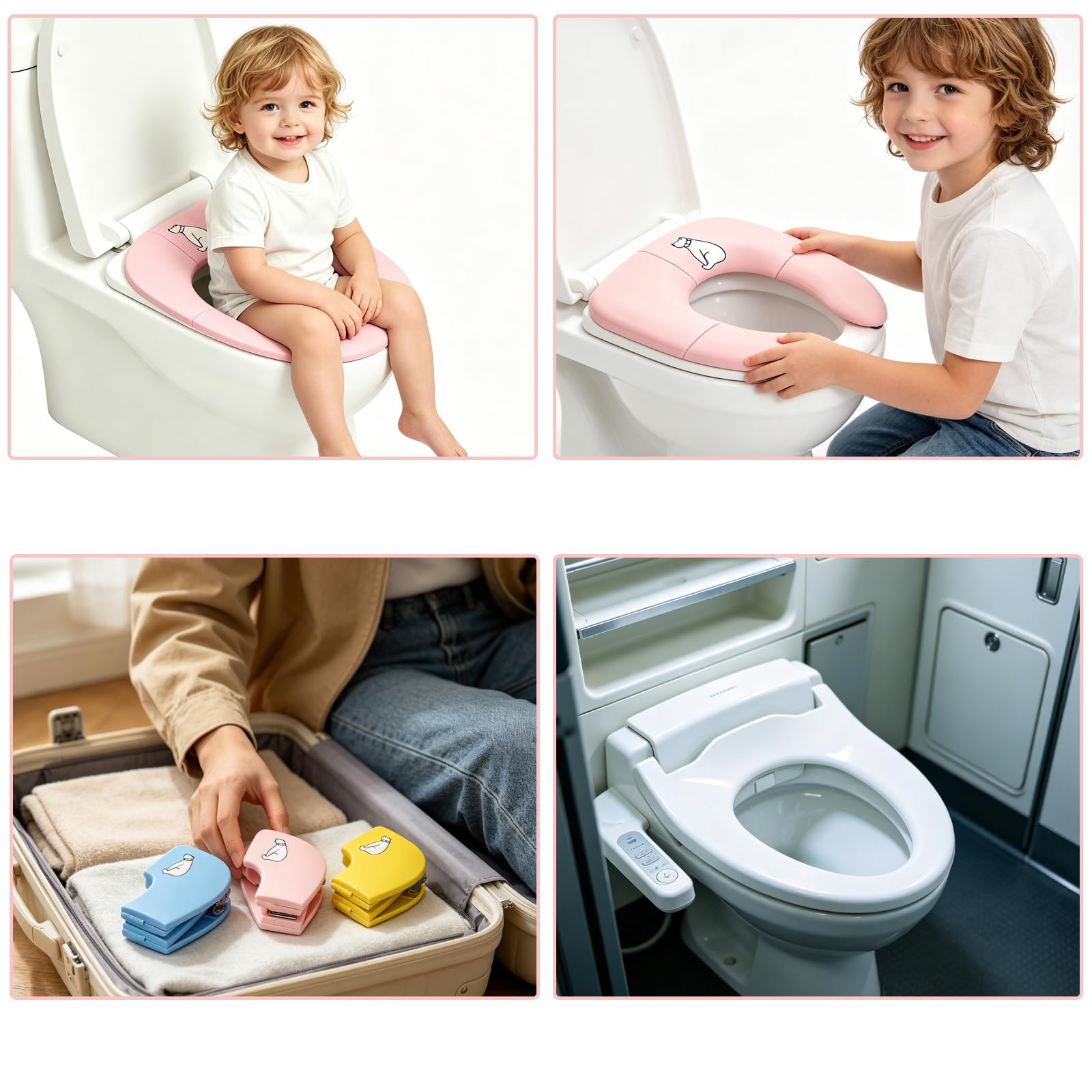 Asiento Inodoro Plegable para Niños, Adaptador WC de Viajes Plegable Portatil con Bolsa de Viaje, Diseño Compacto Y Portátil, Asiento Inodoro Reductor Reutilizable para Niños Pequeños/Orinal (Rosa)