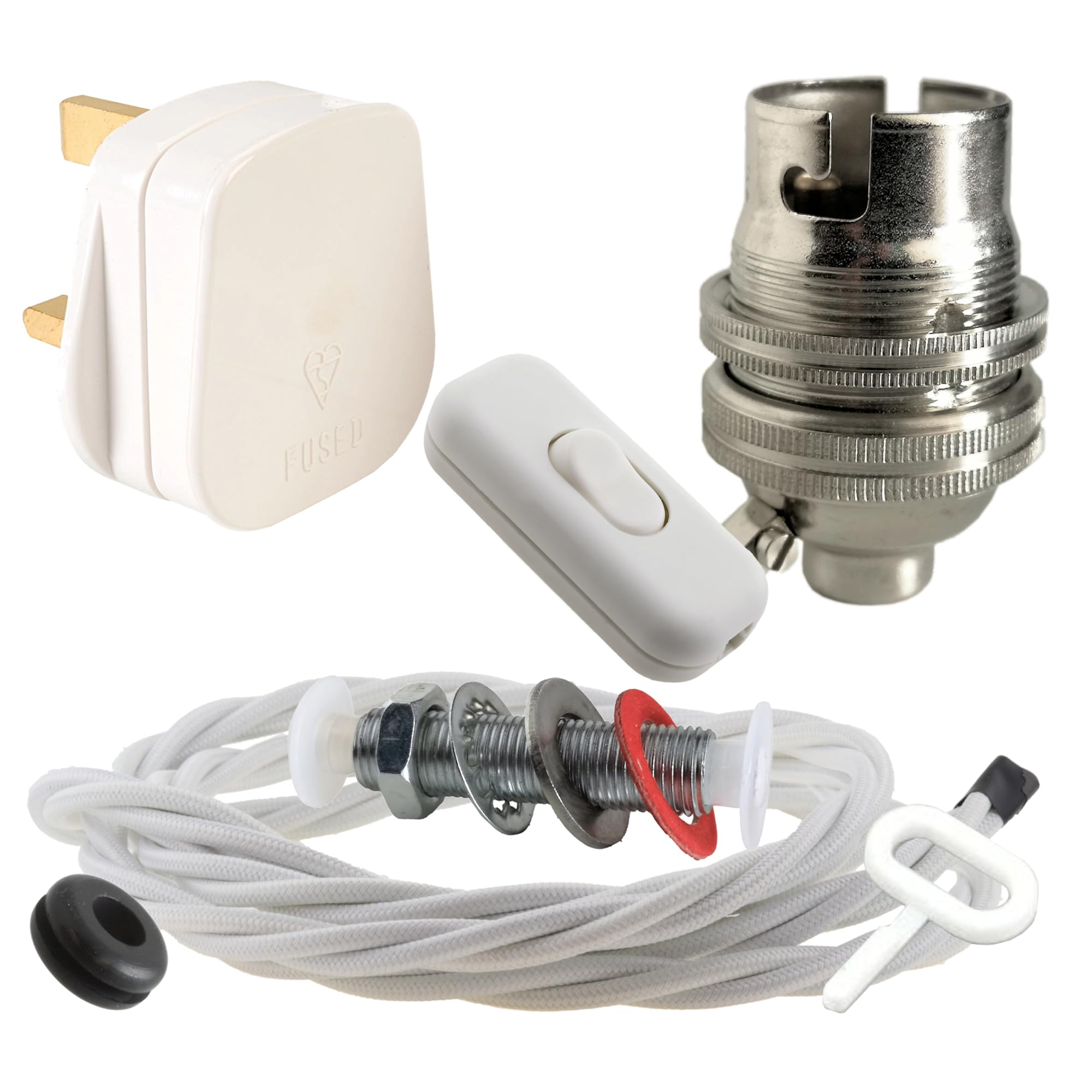 Art Deco Emporium Lamp Repair and Servicing Kit|White Plug, Flex and Switch|B22 Chrome Finish Lamp Holder