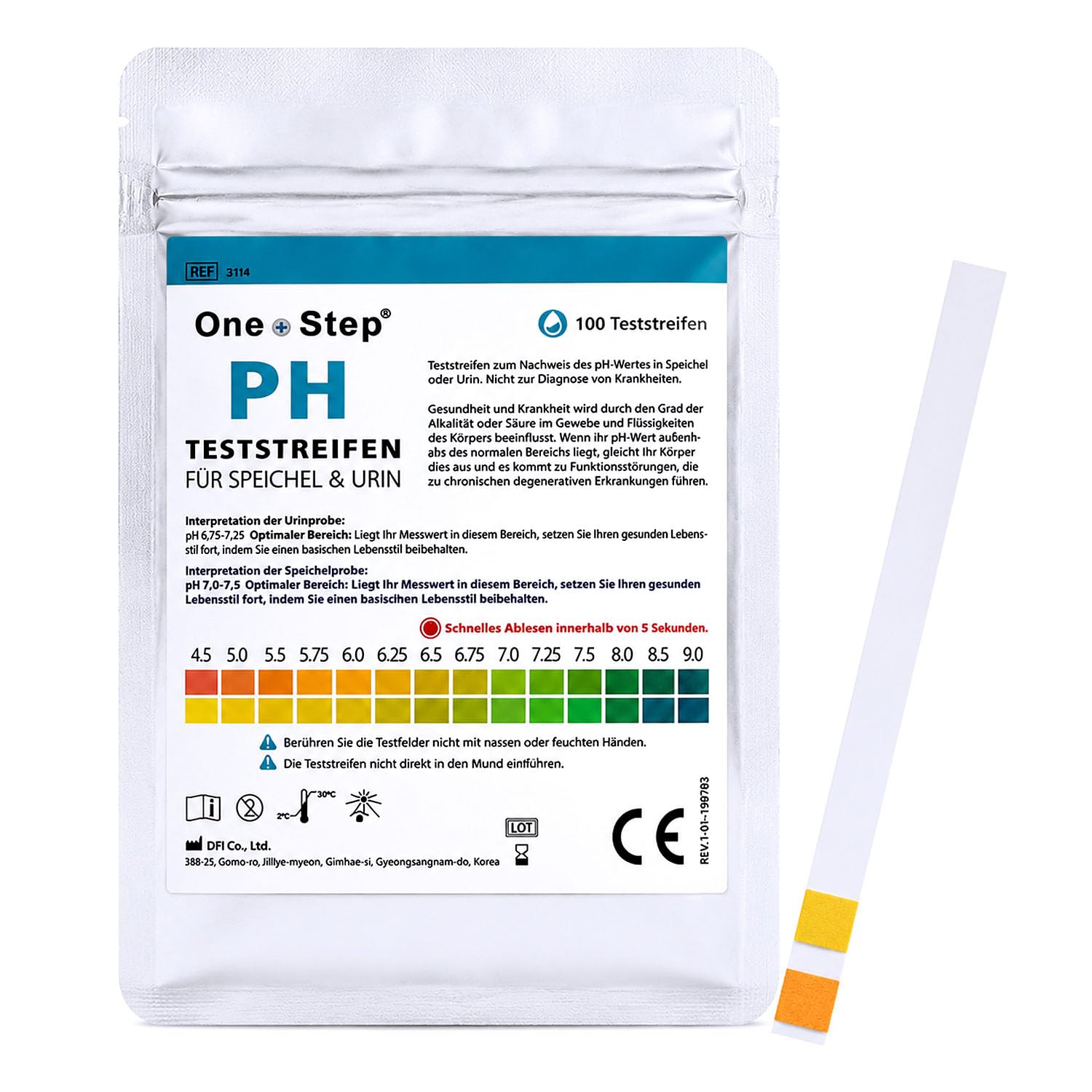 100 One+Step pH Teststreifen für Urin UND Speichel - pH Test - Ermittlung ph Wert - Teststreifen übersäuerung Körper - Säure Basen Balance