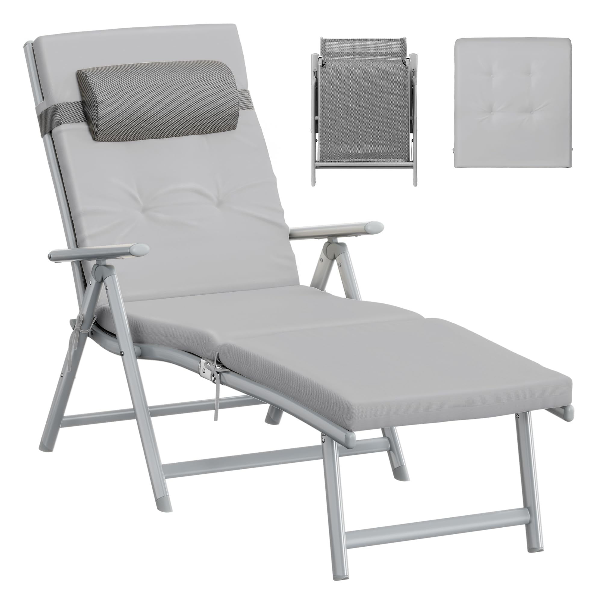 SONGMICS Sonnenliege, klappbar, Liegestuhl mit 6 cm dickem Polster, abnehmbares Kopfkissen, atmungsaktiv, einstellbare Rückenlehne, bis 150 kg belastbar, grau GCB24GY