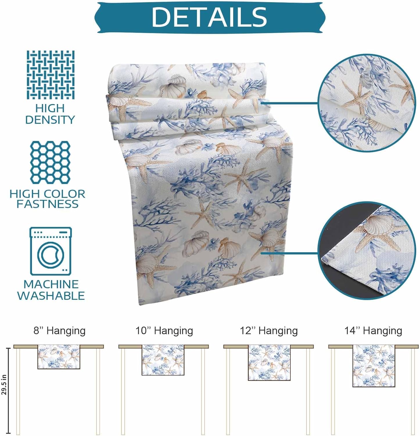 Summer Table Runners 72 Inches Long Ocean Starfish Coral Moder Art Table Runner for Family Dinner/Wedding/Outdoor Indoor Party, Cotton-Polyester Blend Dresser Scarf Table Decorations