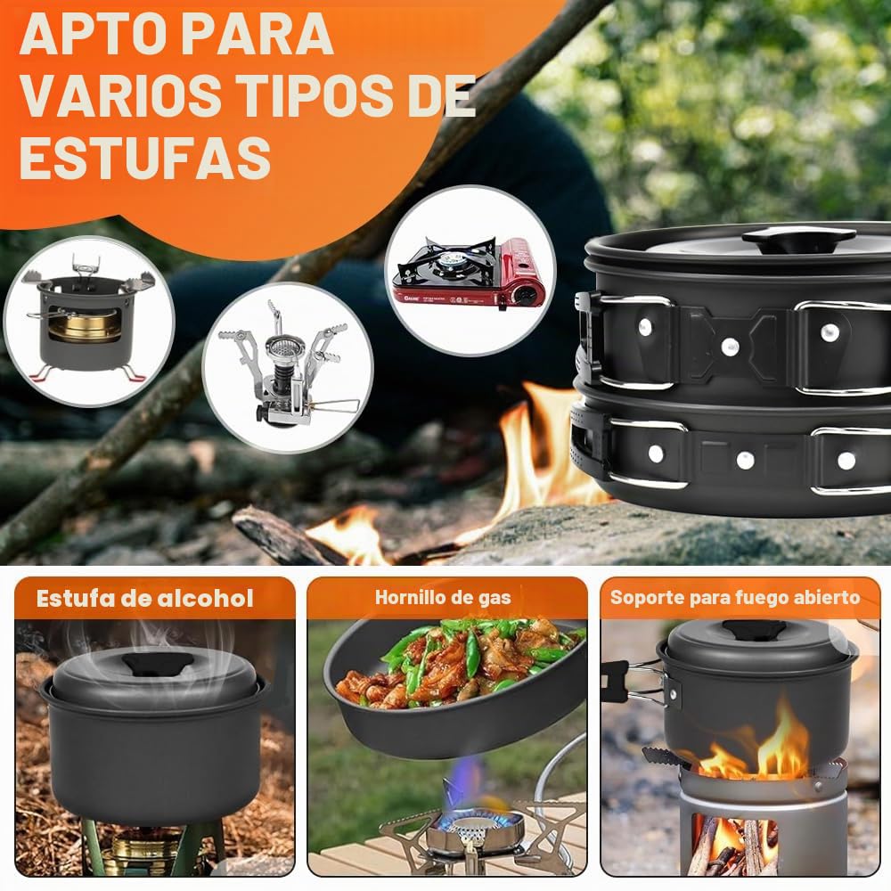9 pcs Utensilios de Cocina para Camping, Juego de Ollas y Sartenes para Camping Vajilla para Acampada Portátil, Kit Utensilios de Cocina Camping para 2-3 Personas para Senderismo Picnic