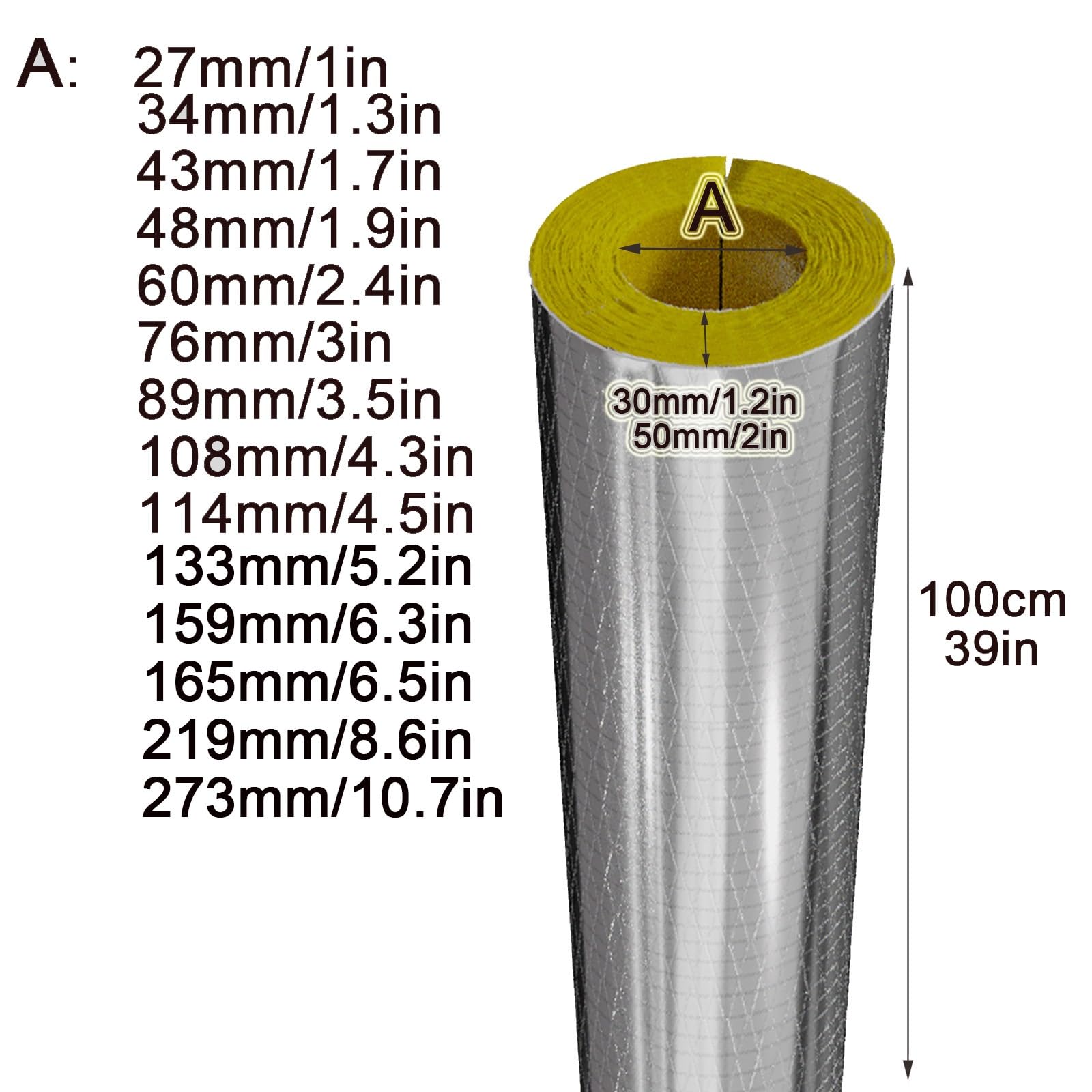 Fundas De Aislamiento Térmico, Papel De Aluminio Coquilla Aislante, Tubo De Lana De Fibra De Vidrio, para Riego Exterior En Invierno Tuberías De Fábrica Al Aire(L 1M-159MM/6.3IN-50MM)