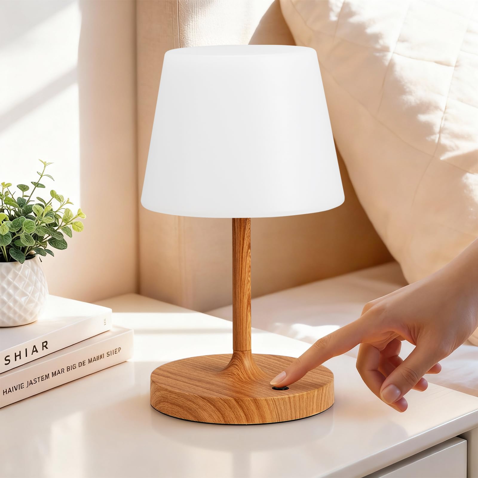 LED Tischlampe Kabellos, Nachttischlampe Touch, Tischlampe Kabellos Akku mit Stufenlos Dimmbar & Memory Funktion, Touch Nachttischlampe Dimmbar für Schlafzimmer, Café, Outdoor, Holzmaserung