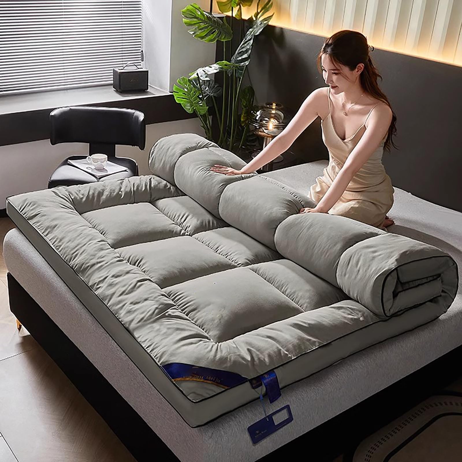 Colchón de futón de Suelo japonés, futon japones plegable,colchón portátil Plegable Suave, Individual y Doble,Colchón De Suelo Plegable Y Enrollado, para habitación de Invitados.(Gray,90x200x10CM)