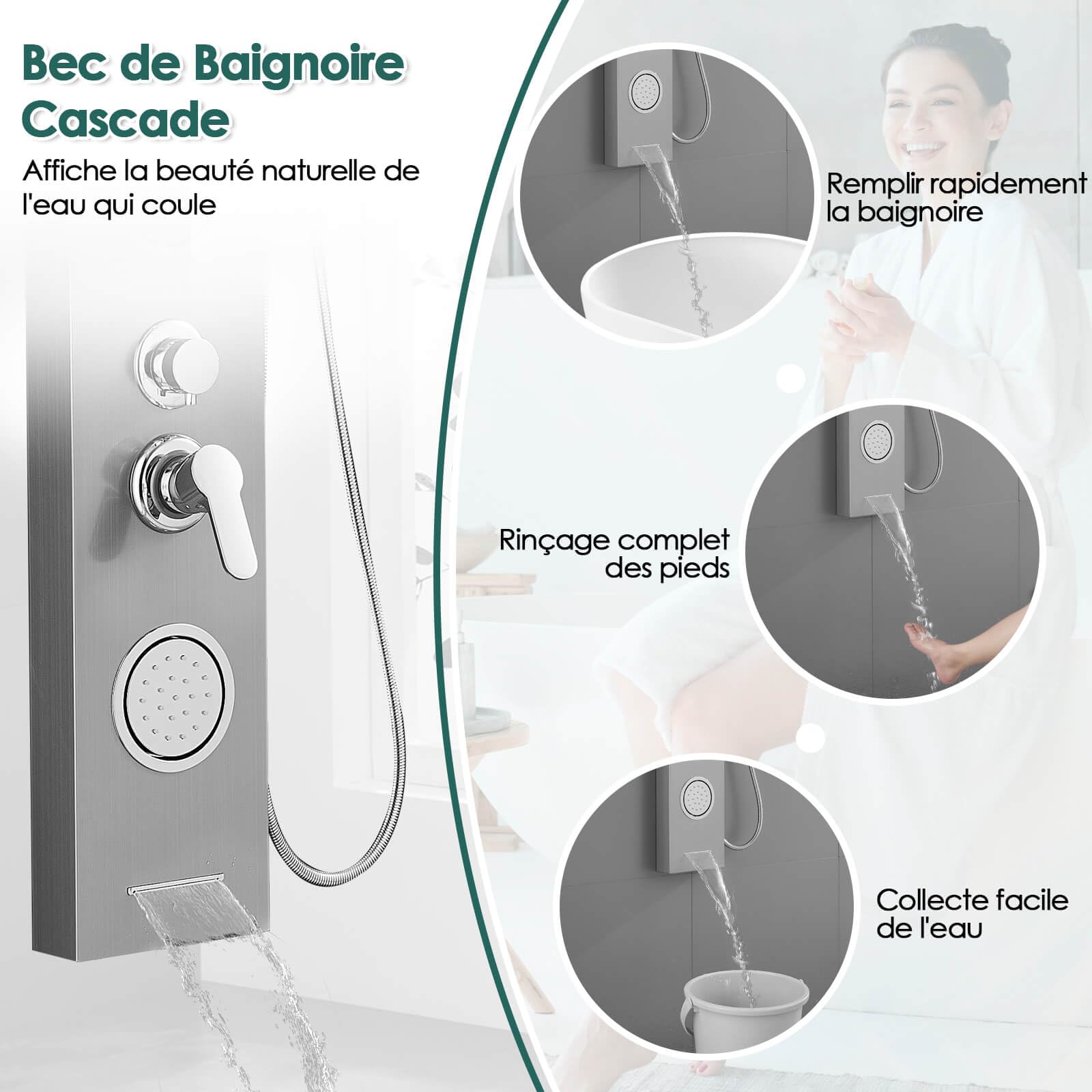 ROVOGO Colonne Panneau de Douche Hydromassante LED avec Robinetterie et Affichage, 5 Modes - Douche de Cascade, Pluie, Douchette, Jets de Massage, Bec de Baignoire, Brossé Acier Inox, Montage Mural