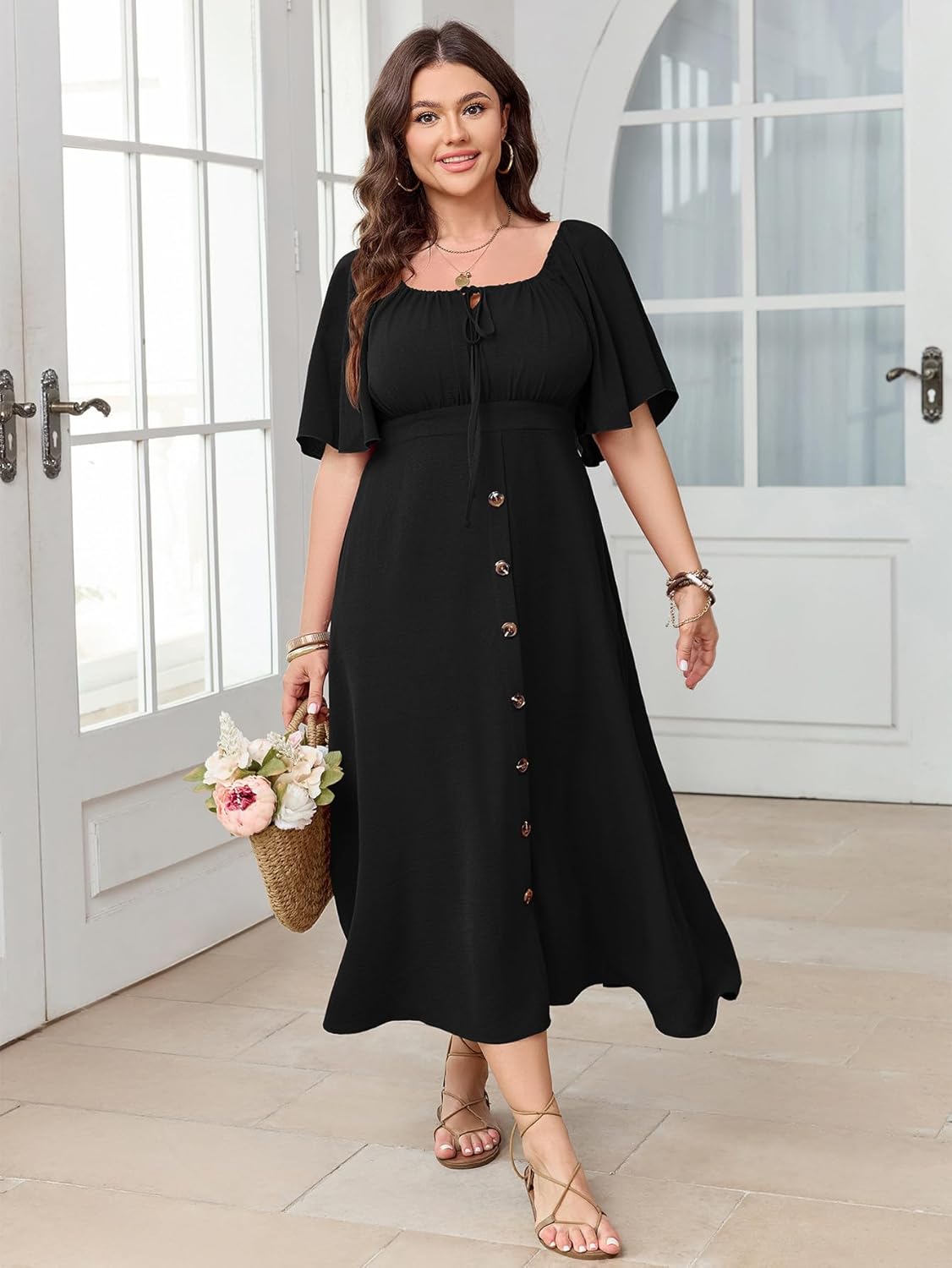 Plus Size Summer Dress Short Sleeve Square Neck Tie Front Smocked Button Down Flowy A-line Boho Maxi Long Dresses - Image 6