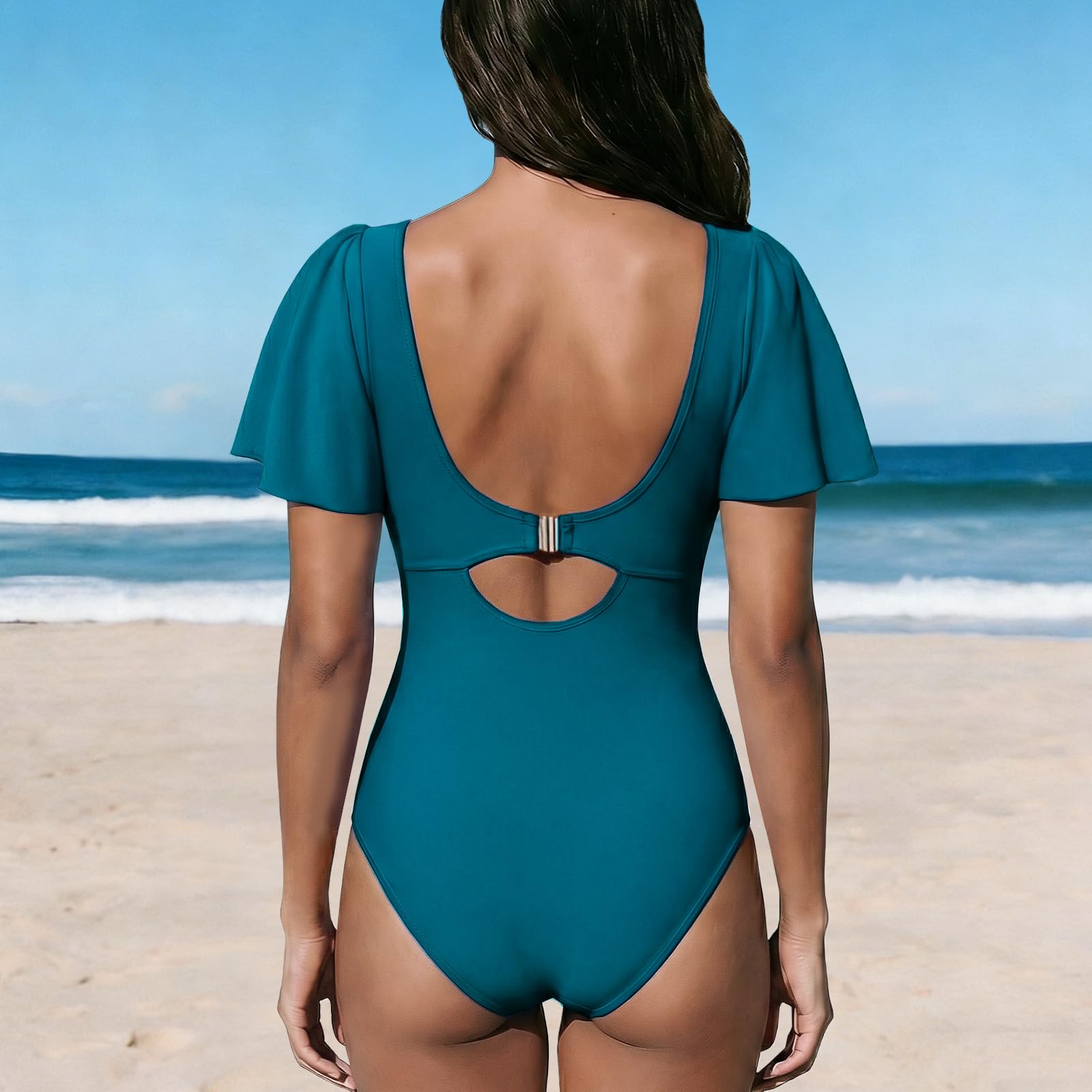 Damen Badeanzug Bauchweg Rüschen One Piece V Ausschnitt Badebekleidung Push up Hoch Monokini mit Bauchkontrolle Swimsuit Cross Swimwear