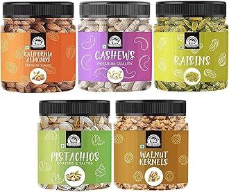 Wonderland Foods 1Kg (200g X 5) Premium Daily Needs Fresh and Healthy Mixed Dry Fruits Combo Pack of NP Almonds, Cashews W320, Long Green Raisin, Pistacho & Walnut Halves Kernels Combo Pack Jar