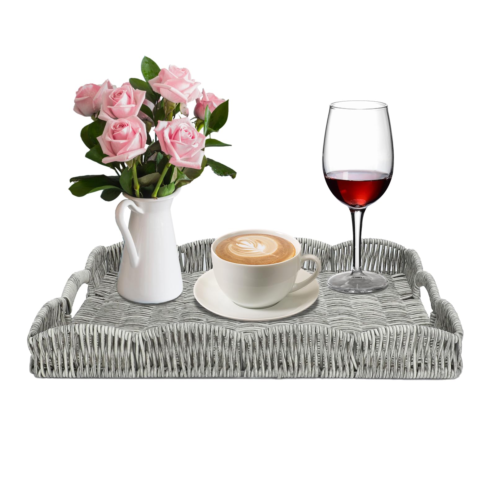 Rectangle Wicker Scalloped Tray, Hand Woven Synthetic Rattan Serving Tray with Handles, Coffee Table Decorative Tray Basket for Modern Boho Rustic Home Ornament or Organizing (Grey)