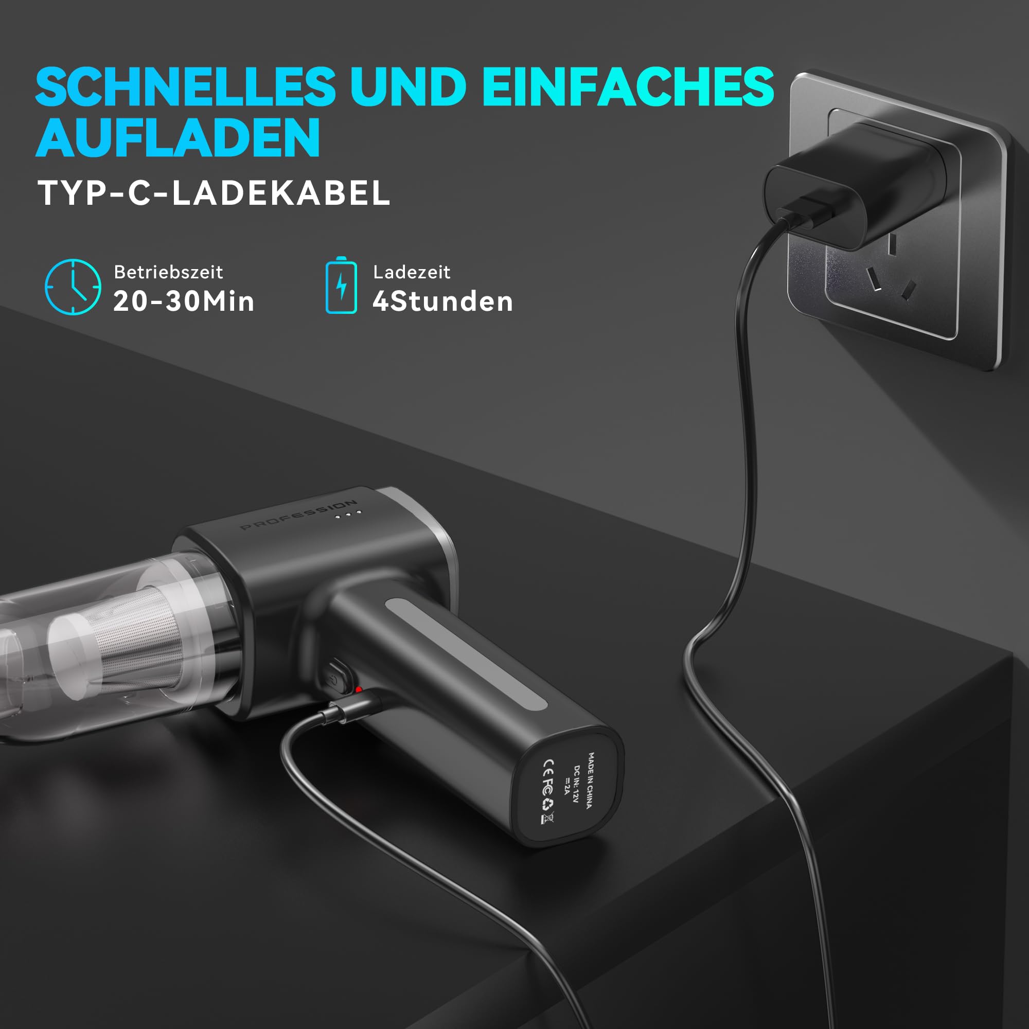 Handstaubsauger Handstaubsauger Akku Autostaubsauger Stark 28000Pa 4-in-1 für Auto Tierhaare Innenraum Haushalt (Schwarz)