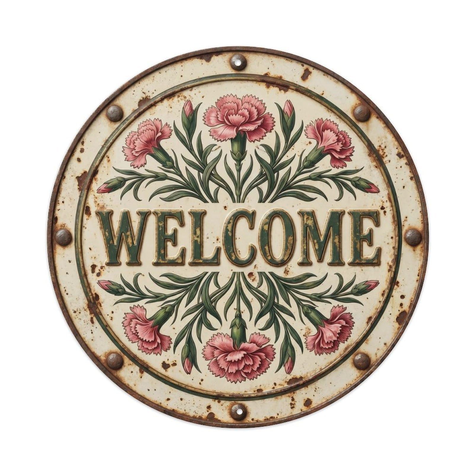 Welcome Botanical Floral Greeting Label Carnation Metal Tin Sign