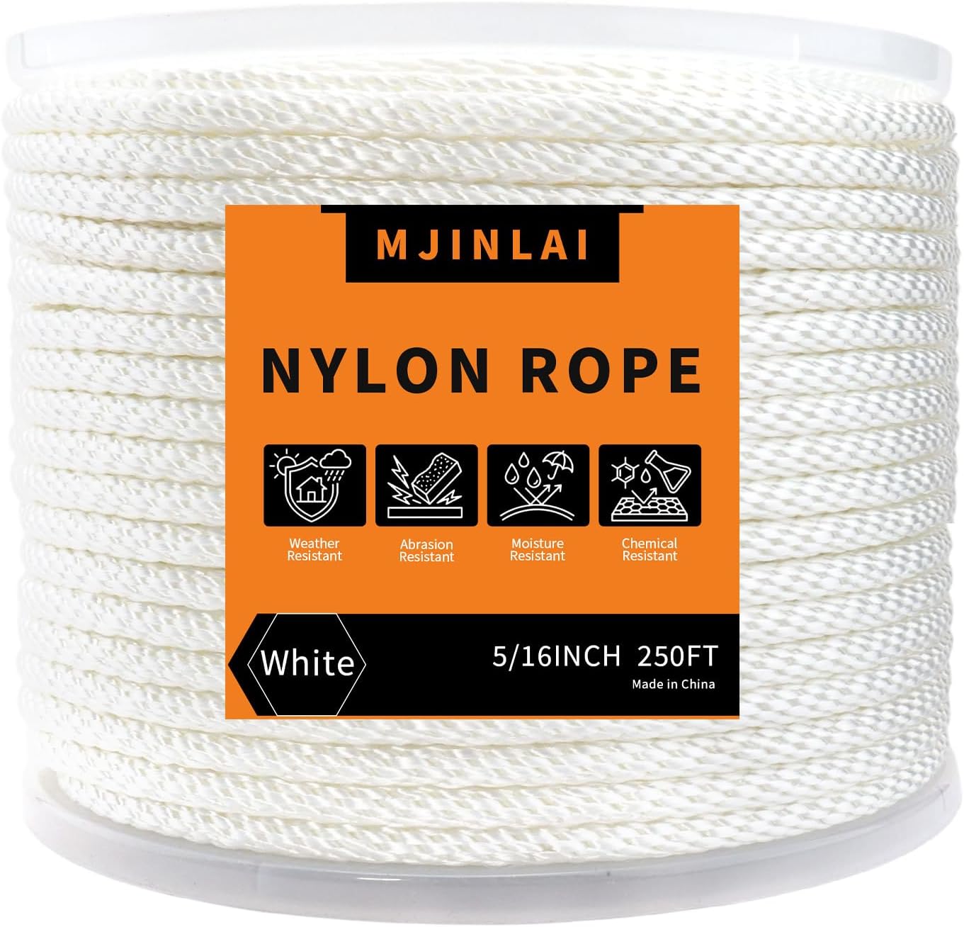 5/16 Inch Nylon Solid Braided Rope 250Ft, Wearproof, high UV & Abrasion Resistant, Multipurpose Rope for Swings, Marine and Outdoor Twine, Flag Line, Dog Leashes, Clothes Line-White