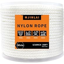 5/16 Inch 250Ft White Nylon Solid Braided Rope, Wearproof High UV Resistant