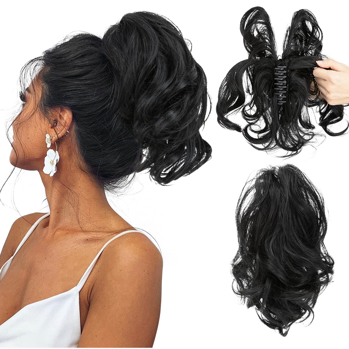CJL HAIR Claw Clip Short Ponytail Hair Extensions DIY Bendable Metals Messy Bun Hair Piece for Wonen Wavy Curly Synthetic Fake Hairpieces Jet Black