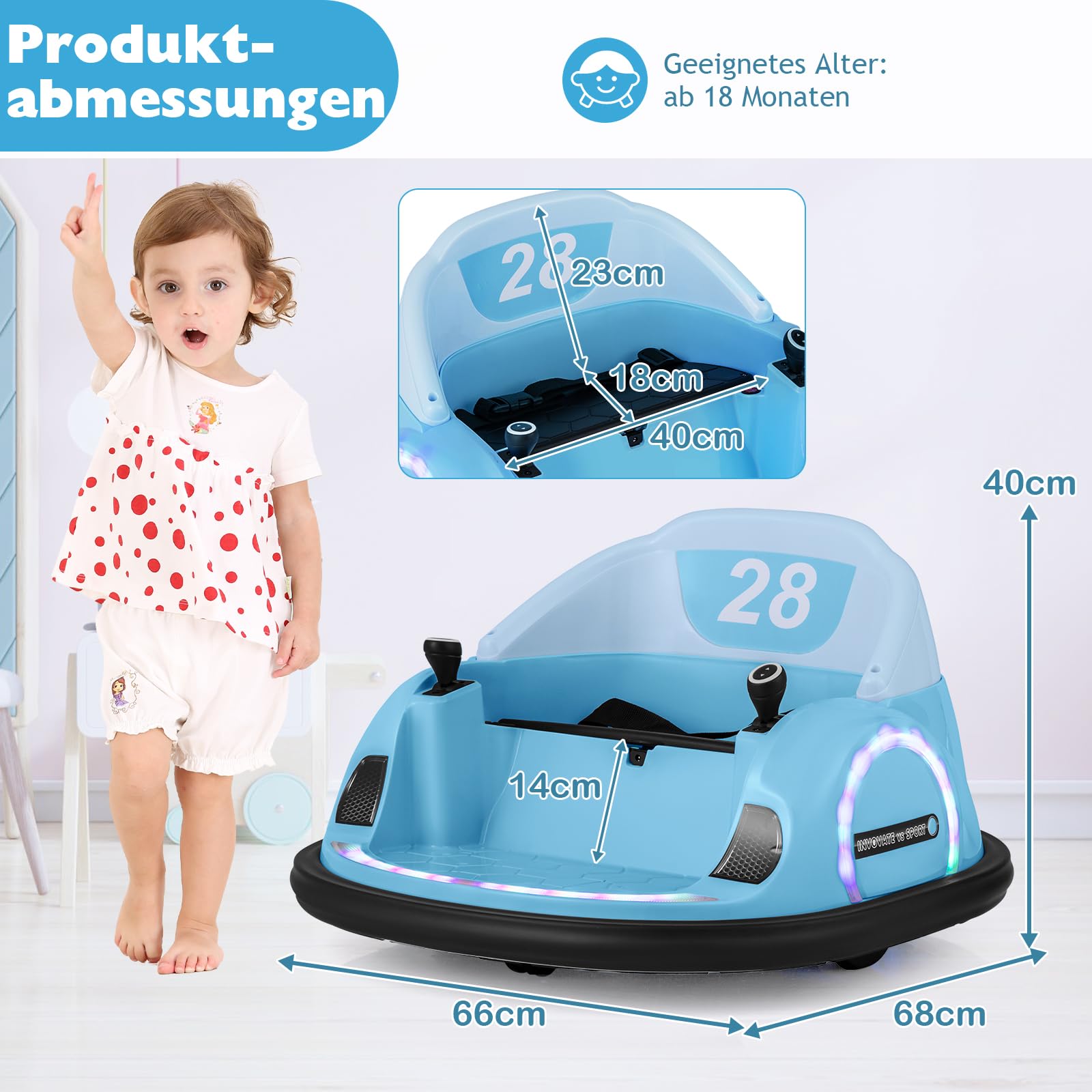 GOPLUS 12V Elektro Autoscooter mit 2,4 GHz Fernbedienung, Kinderfahrzeug 360 Grad drehbar mit LED-Lichtgurt, Sicherheitsgurt, Musik & Hupe, Baby-Stoßspielzeug für Kinder ab 18 Monaten (Blau)