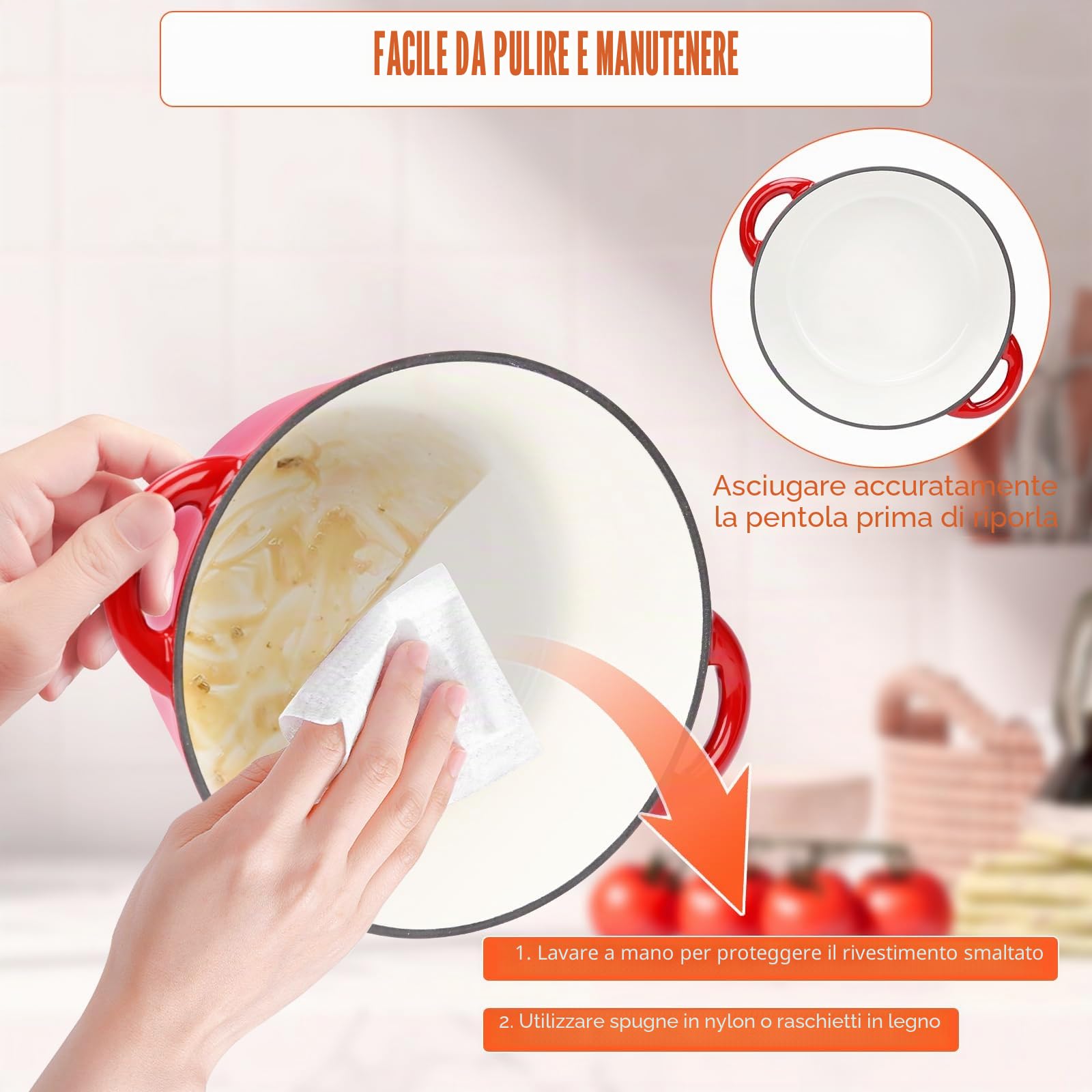 Pentola in ghisa smaltata, diametro 28 cm, con coperchio, per tutti i piani cottura e a induzione, in ghisa, per pane, rotondo, rosso, 5,7 l