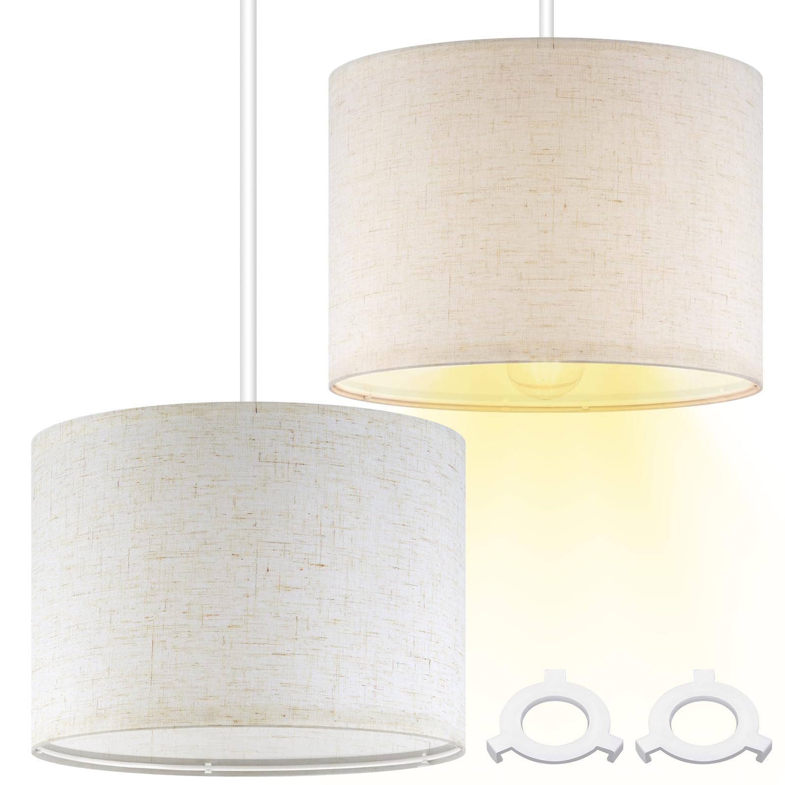 Weewooday 2 Pcs Fabric Lampshade for Ceiling Lights Pendant Modern Drum Lamp Shades for Table Floor Bedroom with E27 to E14 Adapter Ring (Flax White,10 Inch)