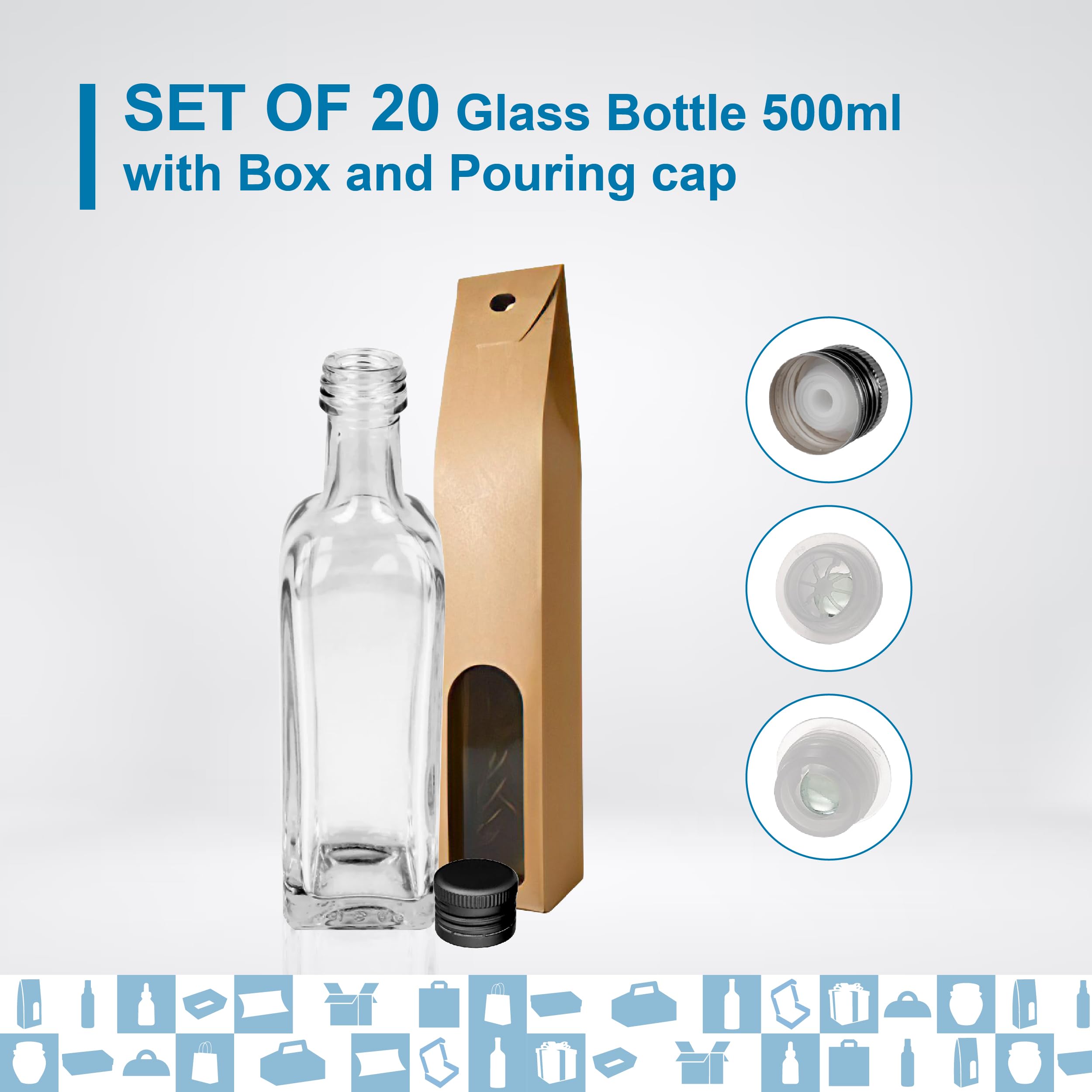 Espirito Rebelde 20 Botellas de Cristal 500ml con Tapón de Rosca Negro con Boquilla Vertedora + 20 Cajas - Aceite de Oliva, Vinagre, Alcohol, Salsas - Aceitera de Cristal