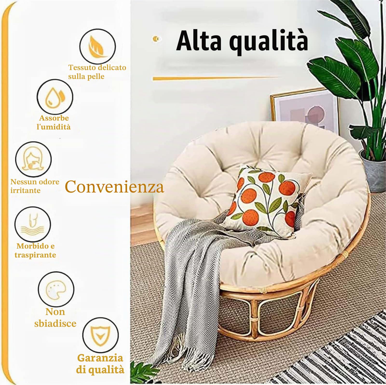 Generico Papasan Poltrona Cuscini Rotondi Spessa Rattan in Appeso Papasan Cuscino Sedia Cuscino per Sedia A Dondolo Sospesa, Morbido Comoda Poltrona in Rattan Cuscini per Sedie,L,120x120cm