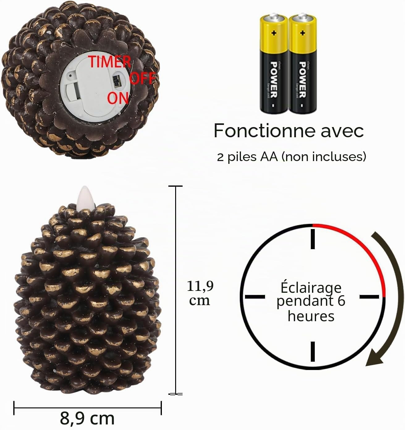 Eldnacele Bougies LED en forme de pomme de pin avec minuteur, bougies sans flamme fonctionnant à piles en cire non parfumée en pomme de pin marron - Lot de 2 pour décoration de Noël, fête à domicile