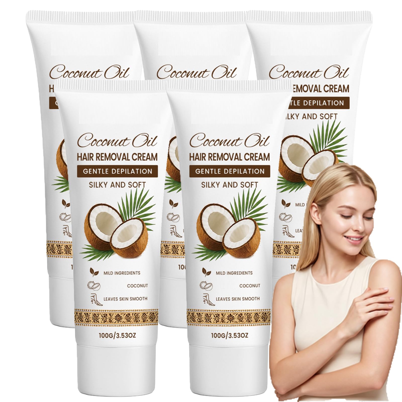 Crema depilatoria con olio di cocco, crema depilatoria per pelli sensibili, ad azione rapida per gambe, braccia e ascelle, 100 g (5 pezzi)