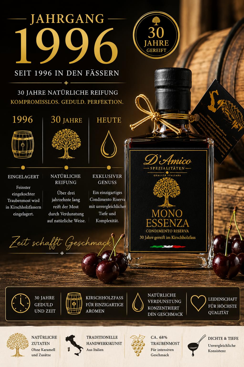 D'Amico Mono Essenza Condimento Riserva – 100 ml | 30 Jahre im Kirschholzfass gereift, Außergewöhnliche Dichte durch natürliche Reifung