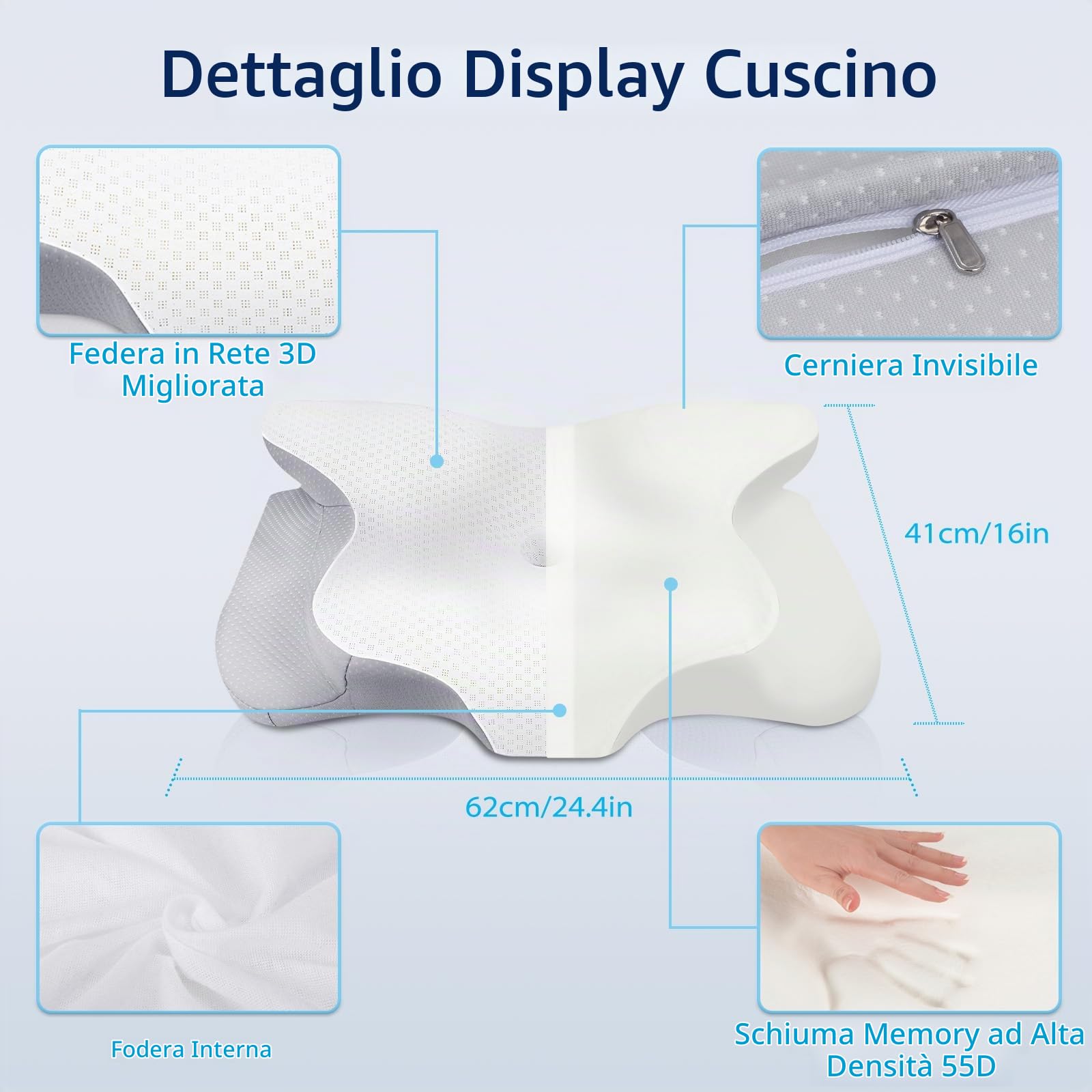 HOMCA Cuscino per il collo Cuscino per la testa, in memory foam Cuscino ergonomico per la testa Cuscino di raffreddamento 3D per la schiena, il fianco o la posizione prona, 62 x 41 x 11/13 cm