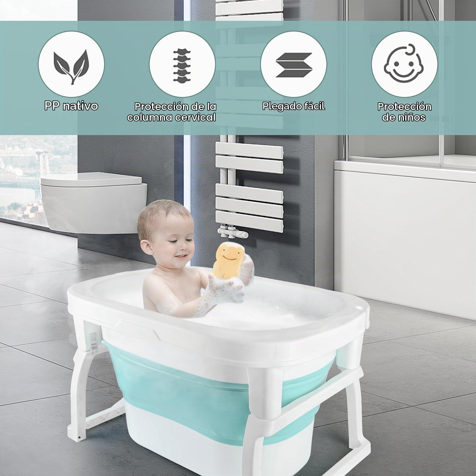 3 en 1 Bañera Plegable de Bebe de 0 a 8 Años, Bañera con Tapón de Drenaje, Capacidad de Carga de 50 KG-Baño Portátil para Niños, Antideslizante y Cómodo-72 * 51 * 42cm-azul