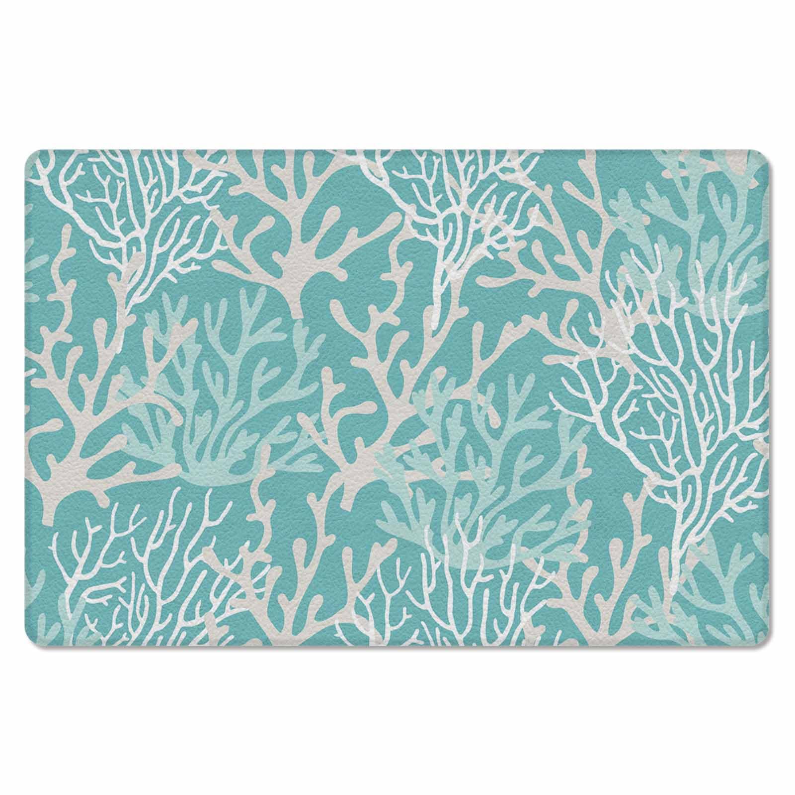 Turquoise Geometric Coral Antifatigue Kitchen Bath Door Mat Cushioned Runner Rug,Washable Welcome Floor Sink Mat,Waterproof & Non-Slip Kitchen Standing Doormat,Contemporary Minimalist White 18