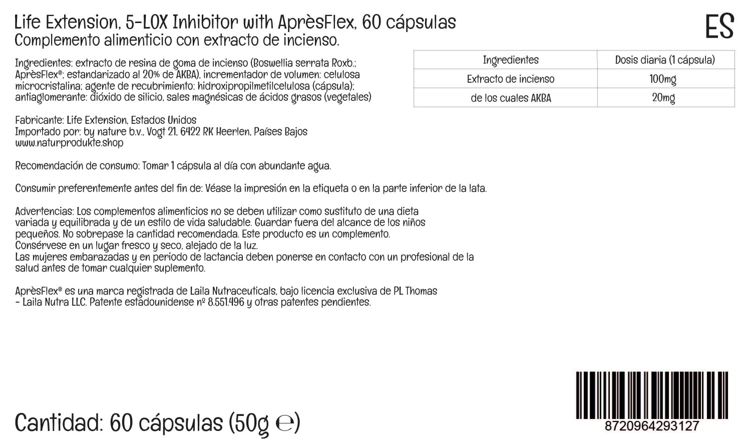 Life Extension, 5-LOX Inhibitor avec Après Flex, Extrait d'Encens, avec 20% d'AKBA, Haute Dosé, 60 Capsules végétaliennes, Sans Gluten, Végétarien, Sans Soja, Sans OGM