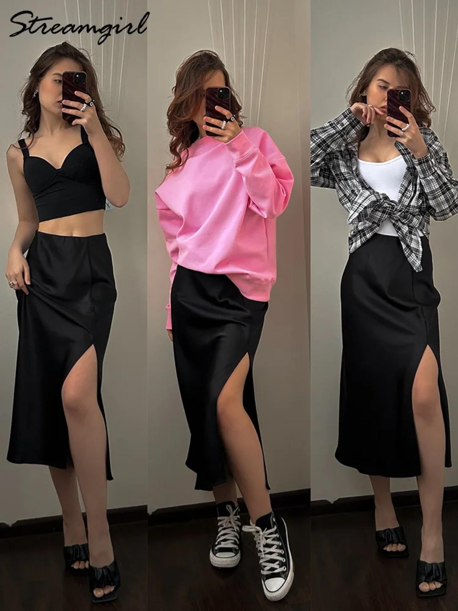Gonna Donna in Raso da Donna Gonne con Elastico in Vita Gonne con Spacco Ladies Office A Line Gonne in Raso con Spacco per Le Donne