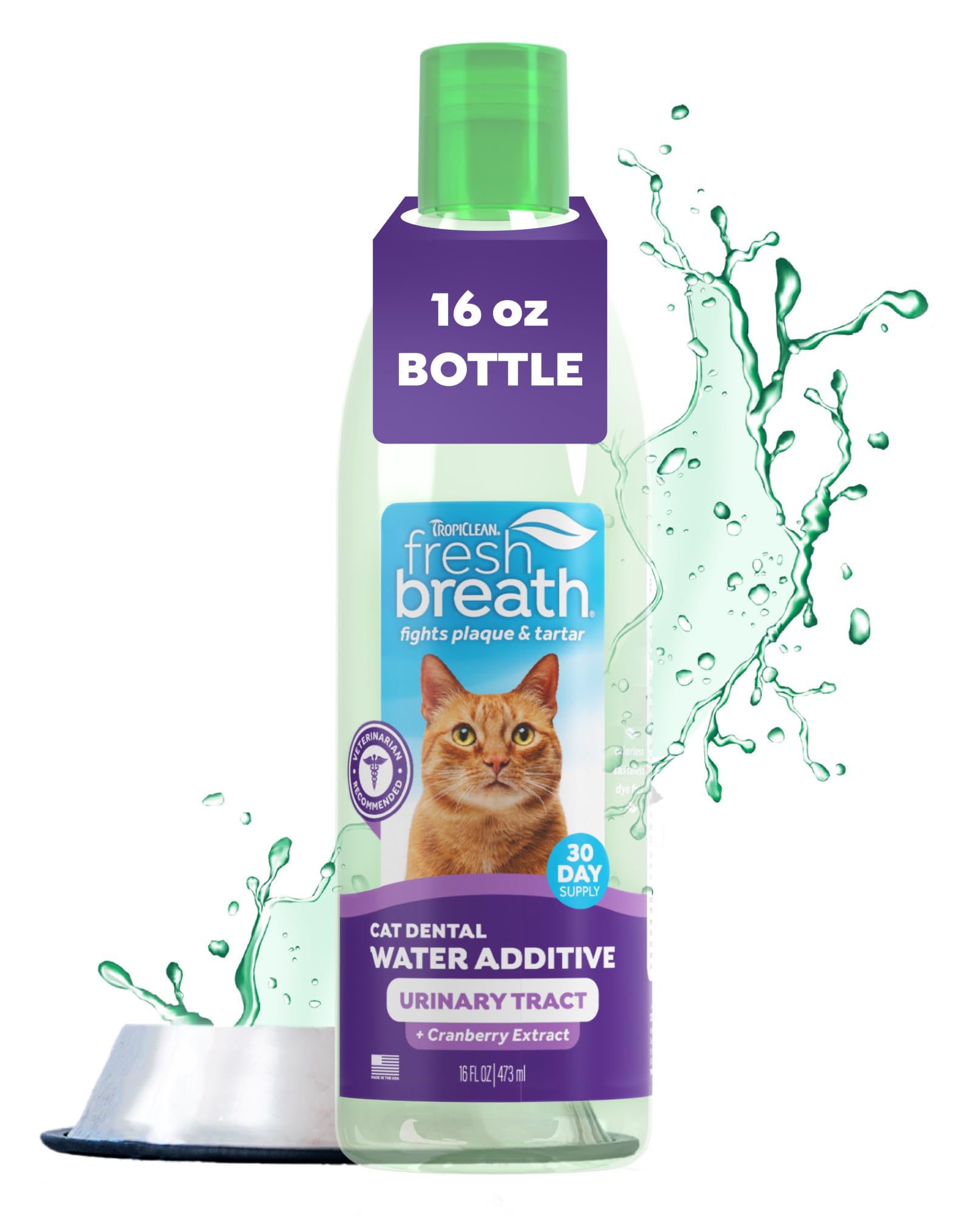 TropiClean Fresh Breath Cat Dental Water Additive + Urinary Tract Support, with Cranberry Extract, Teeth Cleaning & Breath Freshener Solution, 16oz