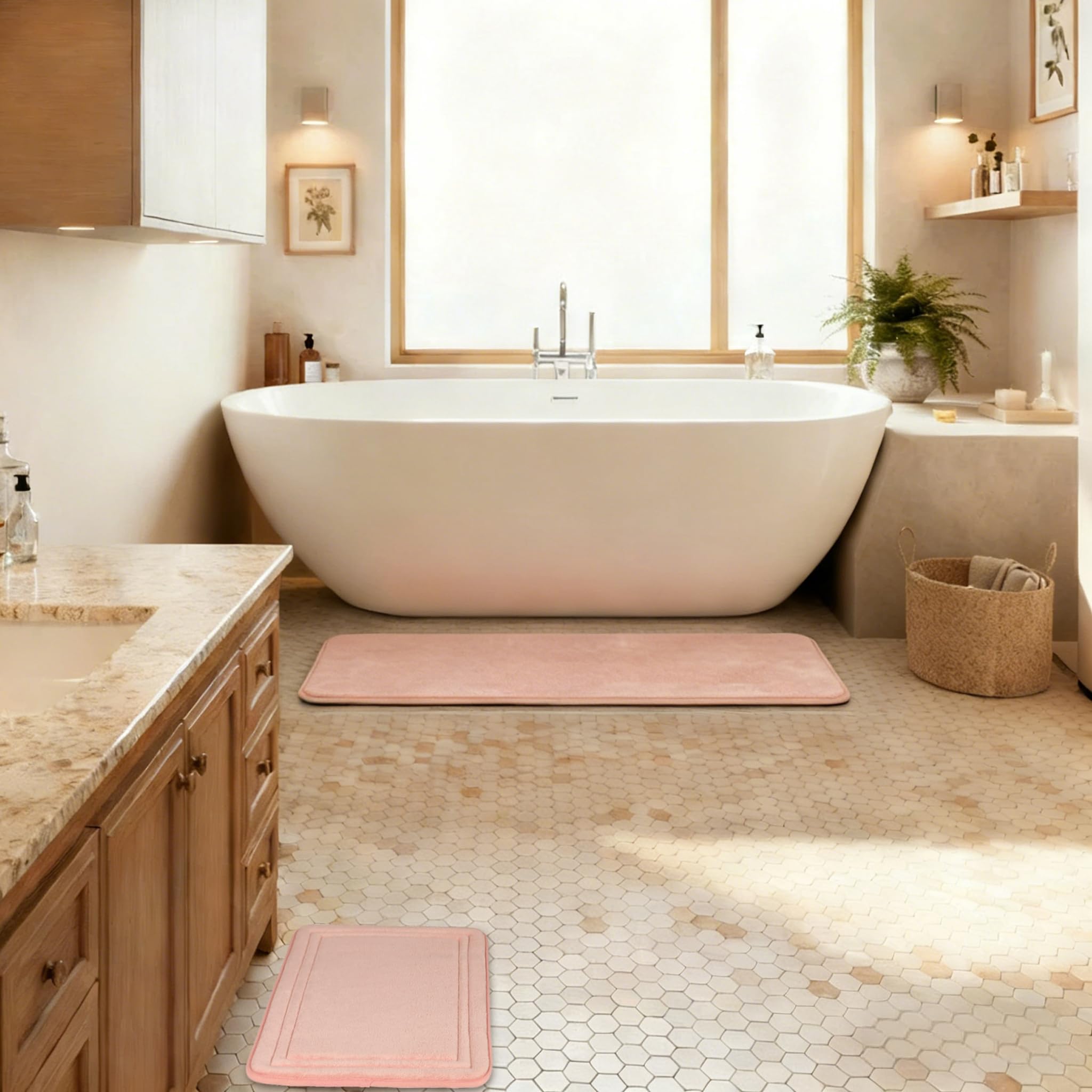 PAGGED Pink Bathroom Rug Set of 2 Memory Foam Bath Mat Runner Set Non Slip Washable Floor Mats Soft Absorbent Plush Microfiber Shower Tub Bathrug Blsh