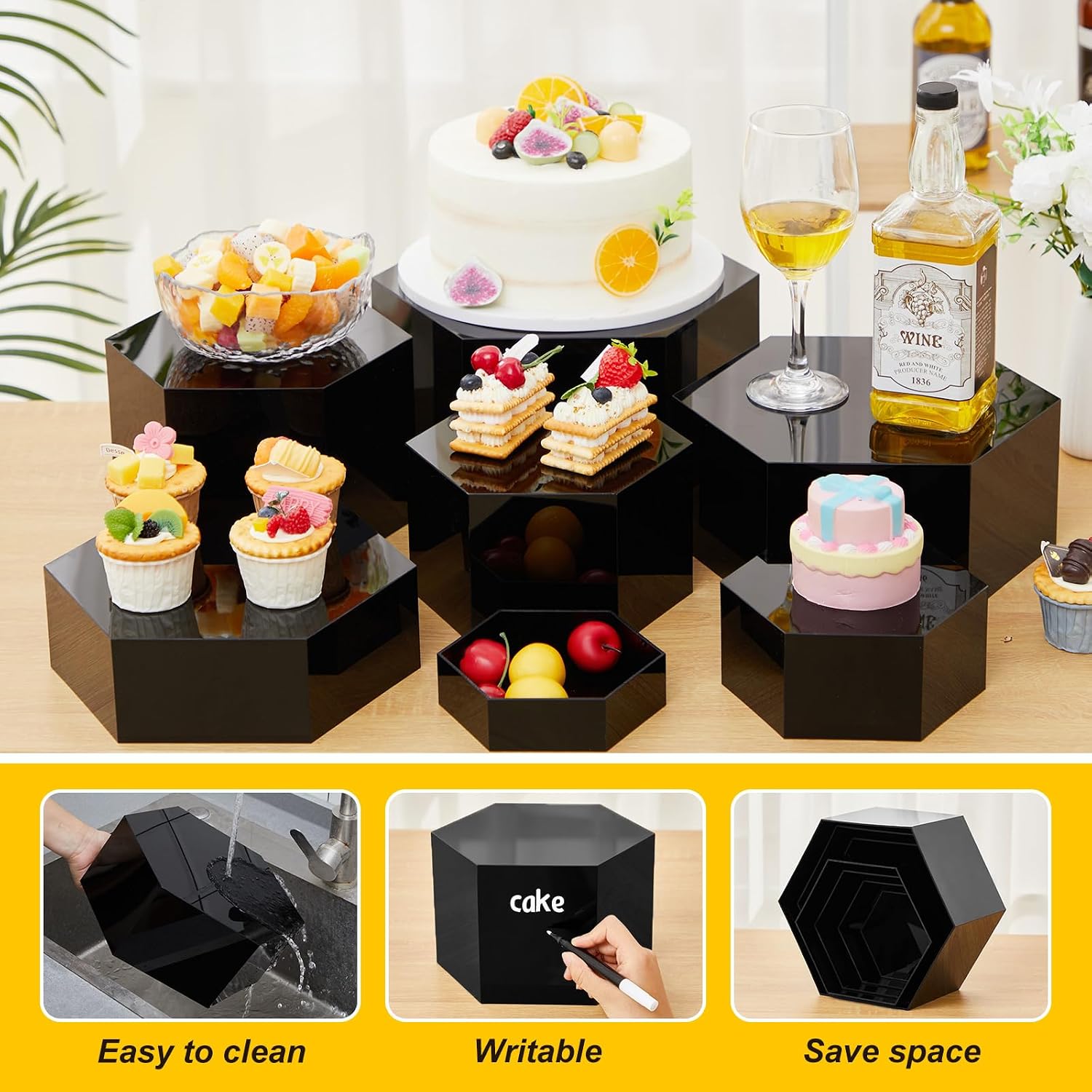Leinuosen 7 Pcs Large Buffet Risers Set 6" to 12" Acrylic Display Box Catering Dessert Table Riser Food Display Decorative Stand with Hollow Bottom for Catering Supplies (Black, Hexagonal) image 3