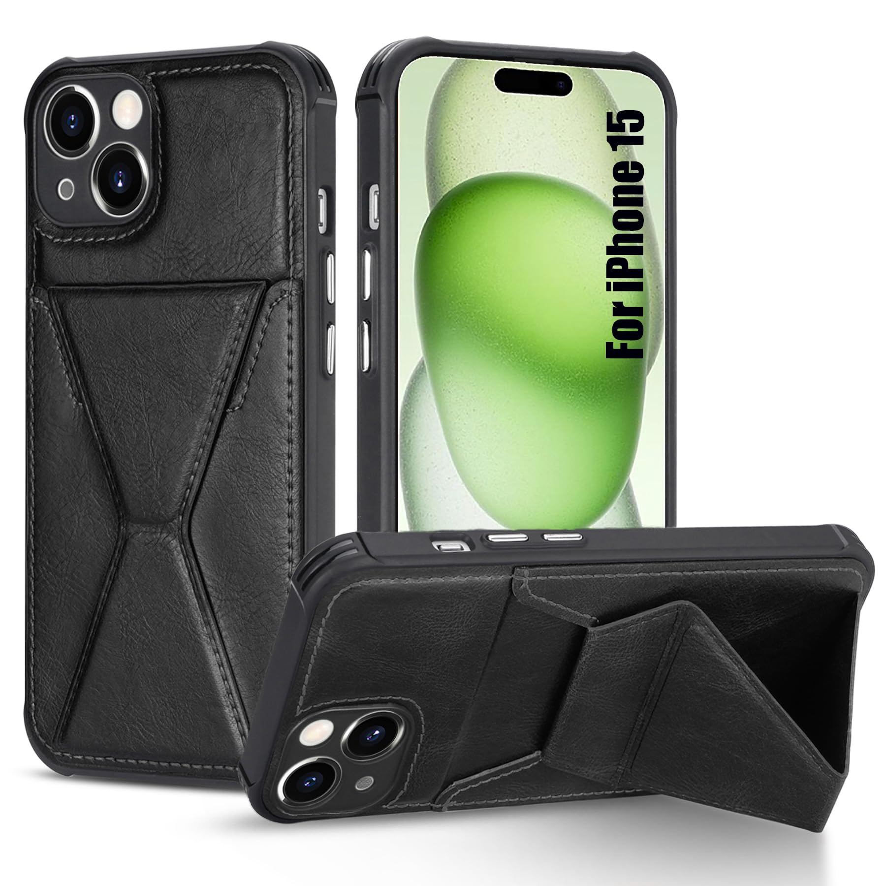 Leather Wallet Case for iPhone 15 Case with Card Holder [Store 2 Cards][Hand Grip Kickstand][Magnetic Car Mount] Slim fit Phone Case for iPhone 15 Cover-Black